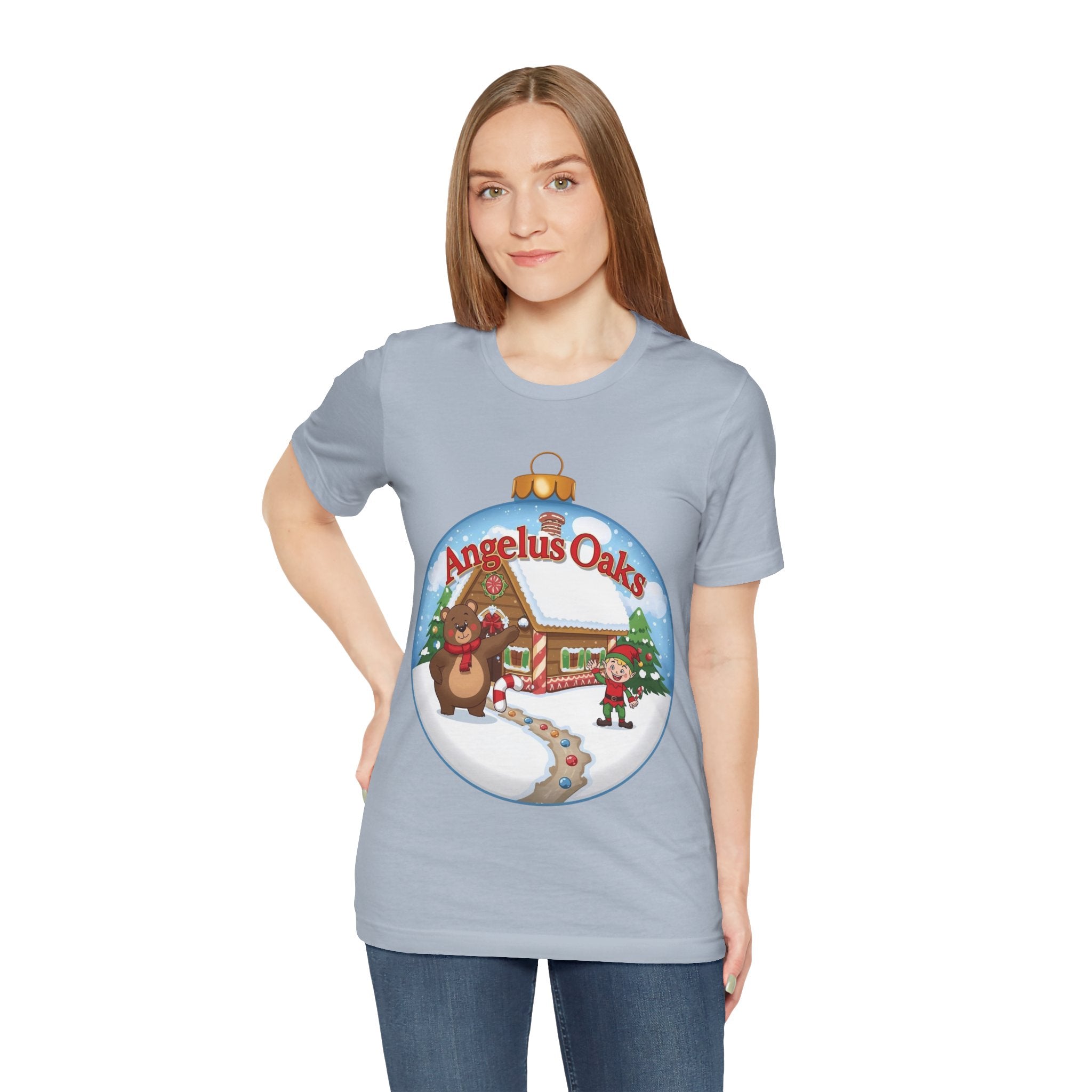 Angelus Oaks Christmas Shirt – Bear & Elf Gingerbread Holiday Tee | Cute Mountain Town Christmas Shirt | Bella Canvas 3001