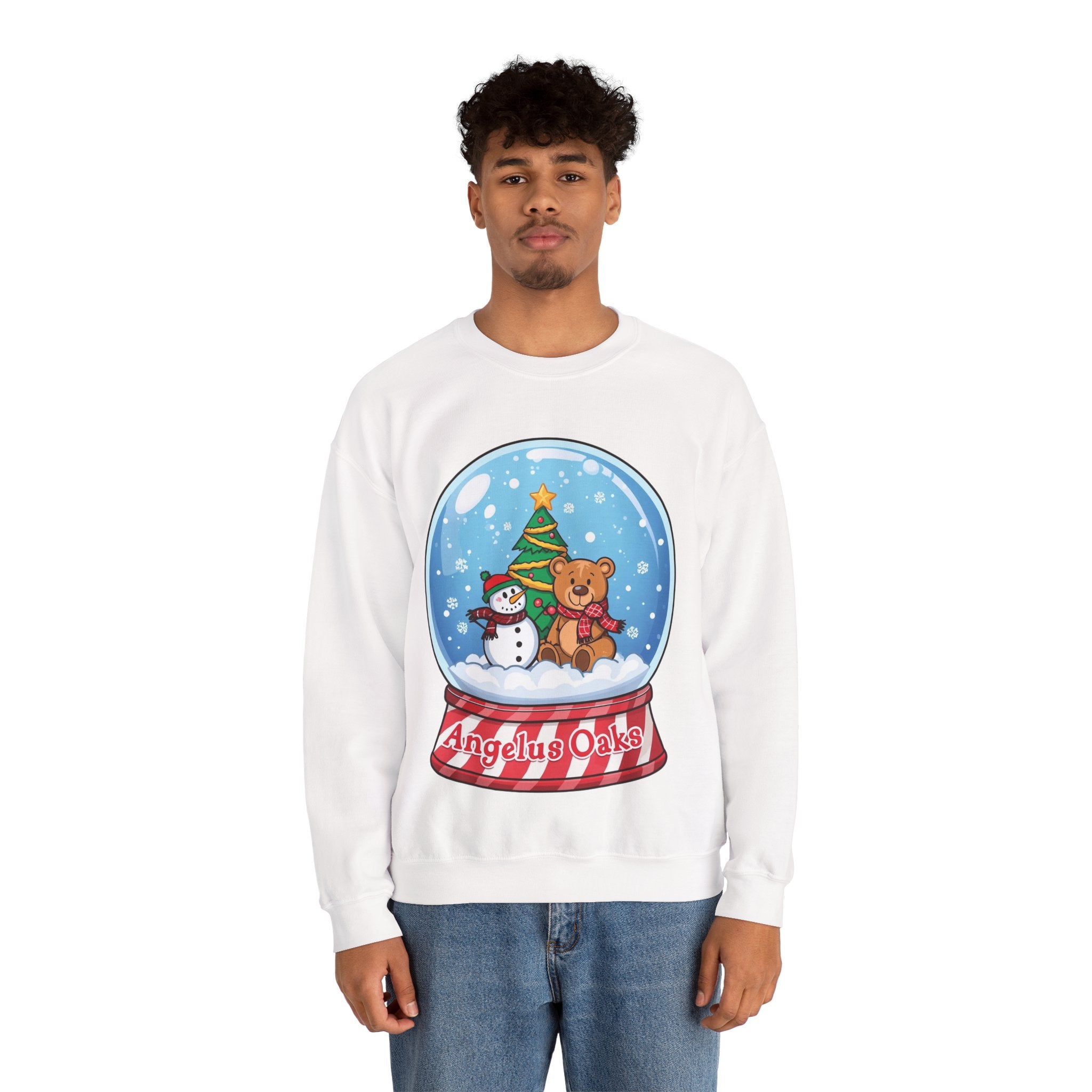 Angelus Oaks Christmas Sweatshirt – Snow Globe Bear & Snowman Crewneck | Cozy Mountain Town Holiday Sweater | Gildan 18000