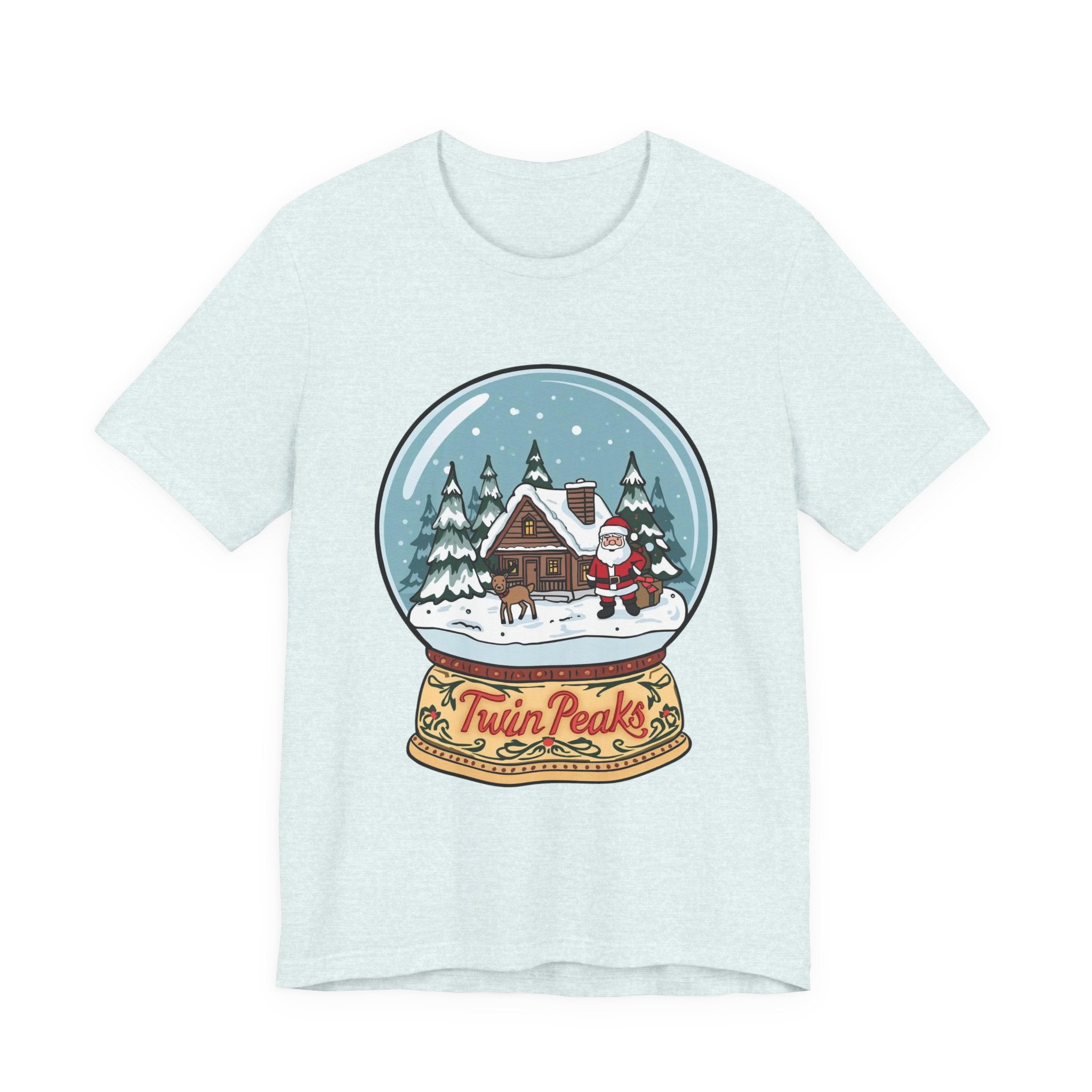 Twin Peaks Christmas Shirt – Snow Globe Santa & Cabin Scene Tee | Mountain Town Christmas Gift | Bella Canvas 3001