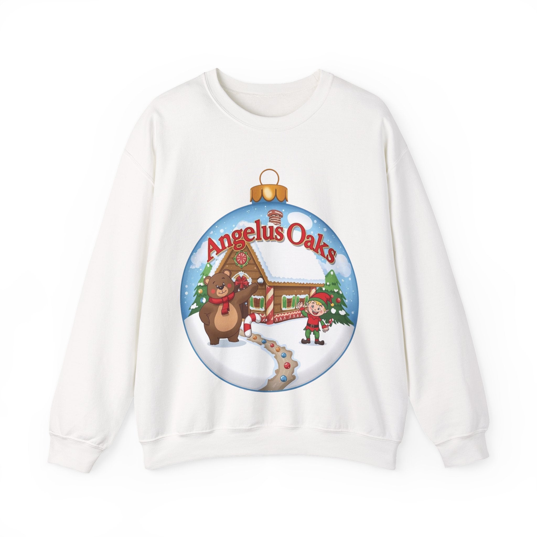 Angelus Oaks Christmas Sweatshirt – Bear & Elf Gingerbread Holiday Crewneck | Cute Mountain Town Christmas Sweater | Gildan 18000