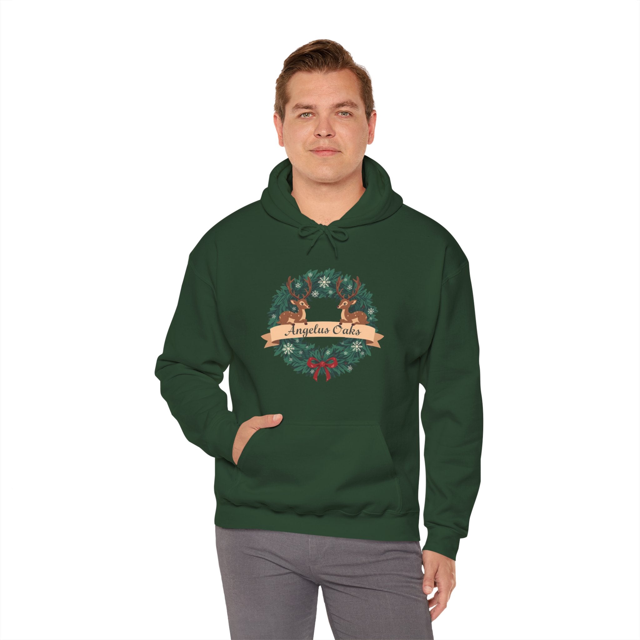 Angelus Oaks Christmas Hoodie – Deer Wreath Holiday Hoodie | Cozy Mountain Town Christmas Sweater | Gildan 18500