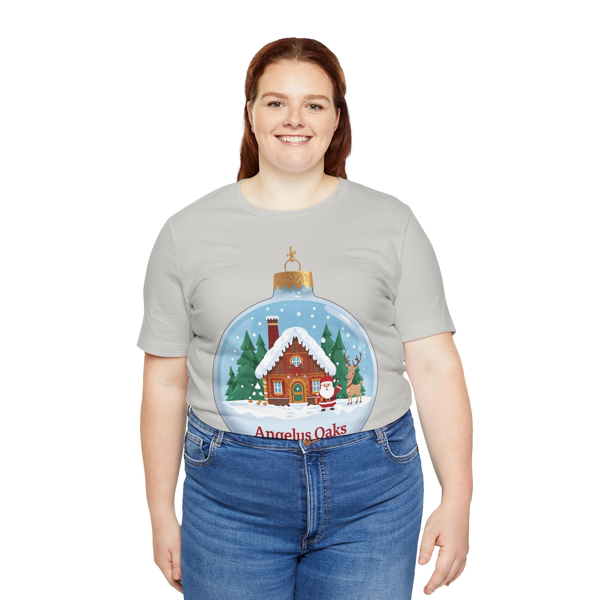 Angelus Oaks Christmas Shirt – Santa & Reindeer Cabin Ornament Tee | Mountain Town Holiday Shirt | Bella Canvas 3001