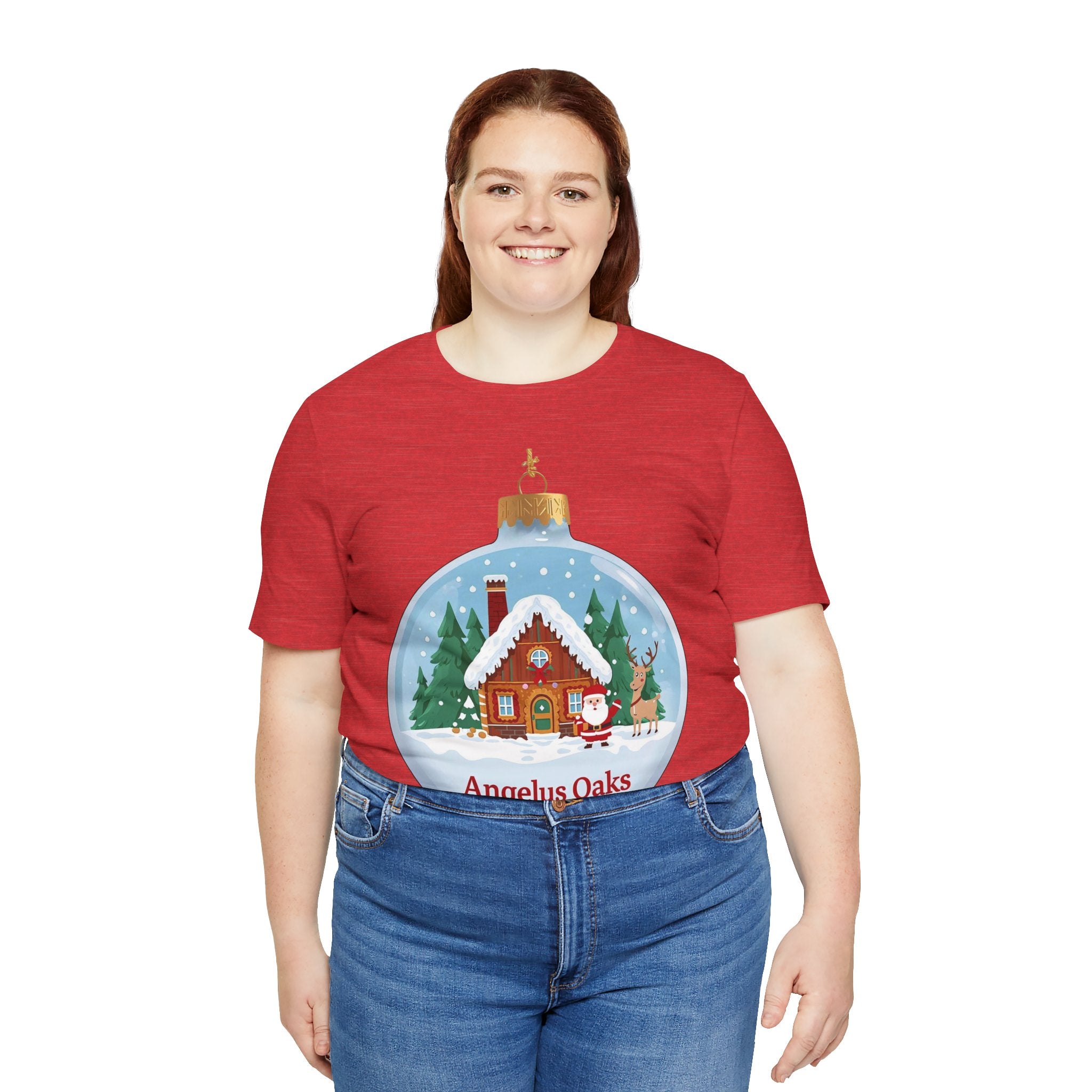 Angelus Oaks Christmas Shirt – Santa & Reindeer Cabin Ornament Tee | Mountain Town Holiday Shirt | Bella Canvas 3001