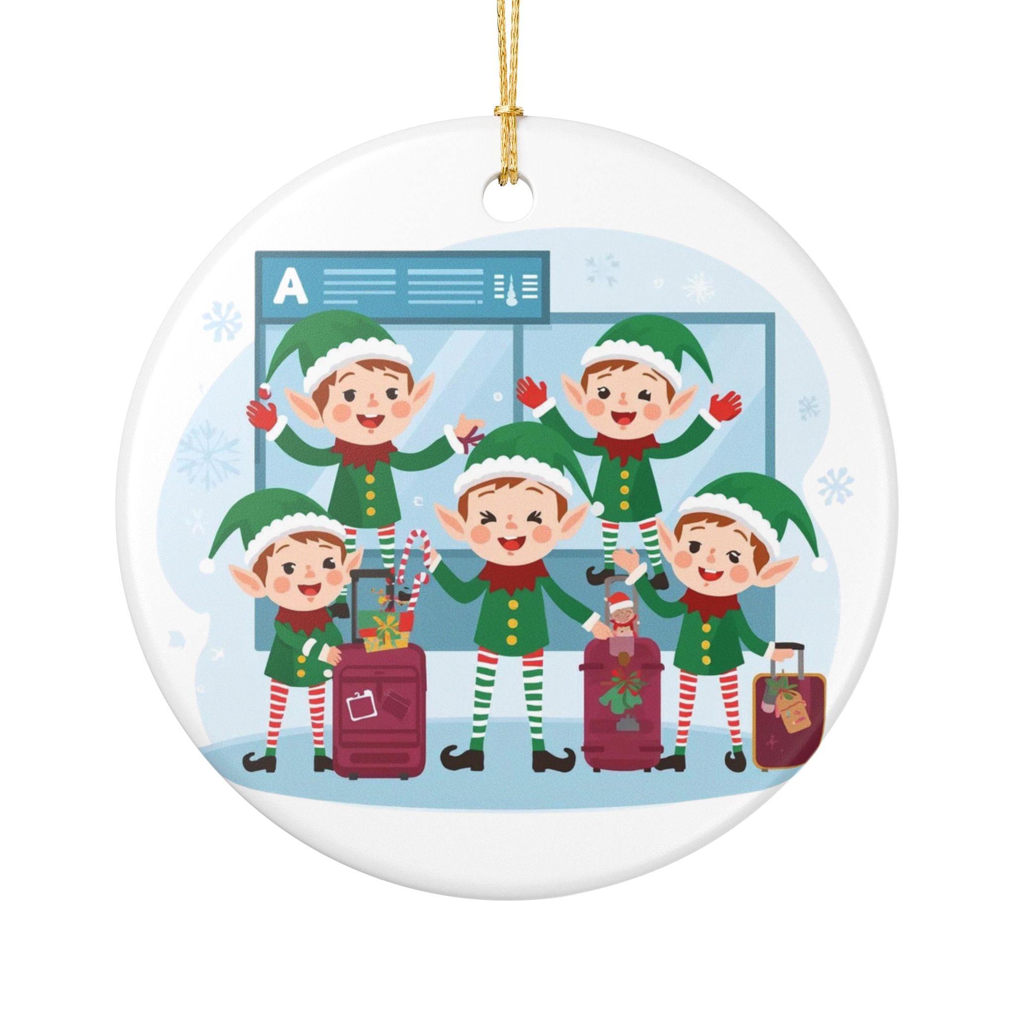 Traveling Elves Ornament – Festive Holiday Airport Art | Holiday Travel Gift | Ceramic Ornament