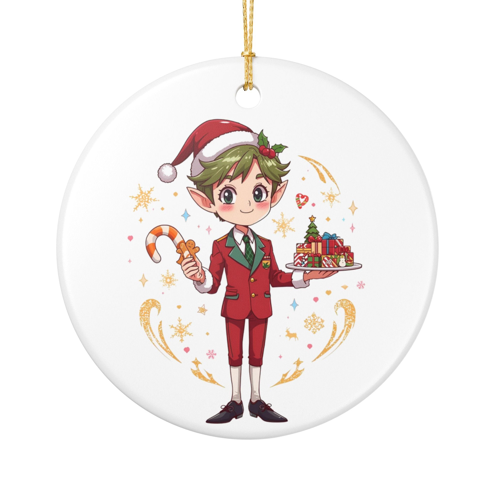 Christmas Elf Ceramic Ornament — Cute Elf with Candy Cane & Gift Tray Holiday Decoration