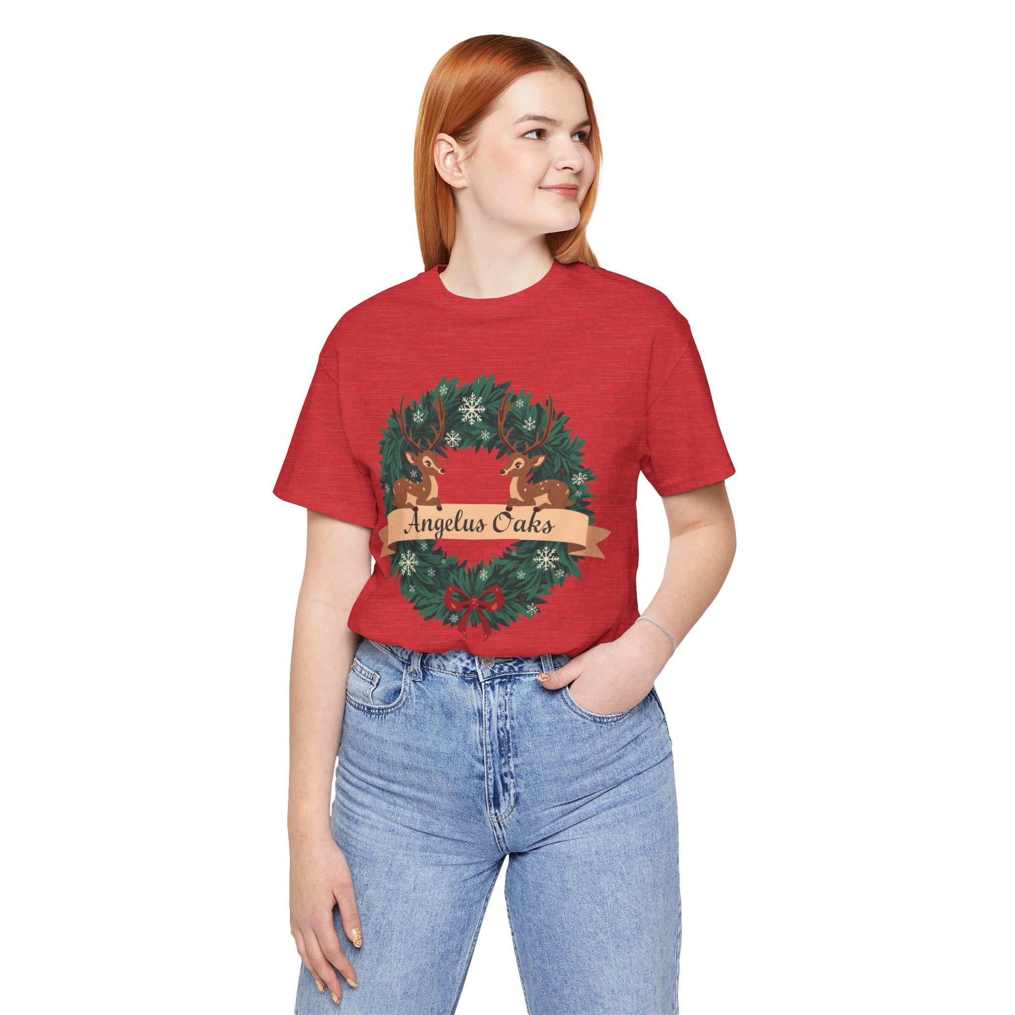 Angelus Oaks Christmas Shirt – Deer Wreath Holiday Tee | Mountain Town Christmas Shirt | Bella Canvas 3001