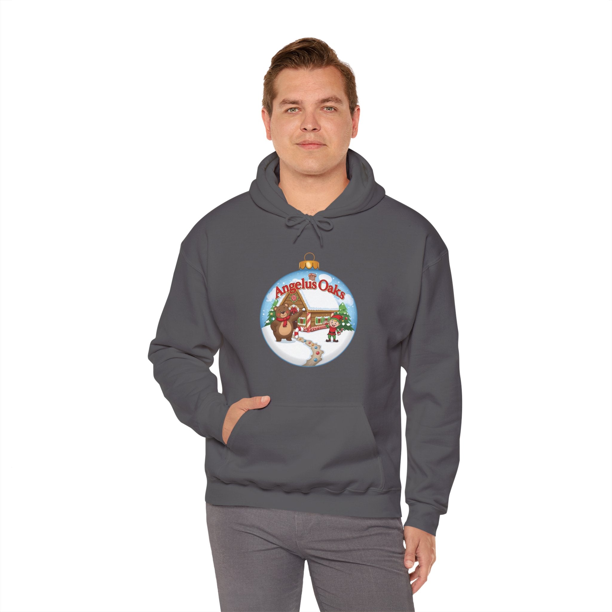 Angelus Oaks Christmas Hoodie – Bear & Elf Gingerbread Holiday Hoodie | Cute Mountain Town Christmas Sweater | Gildan 18500