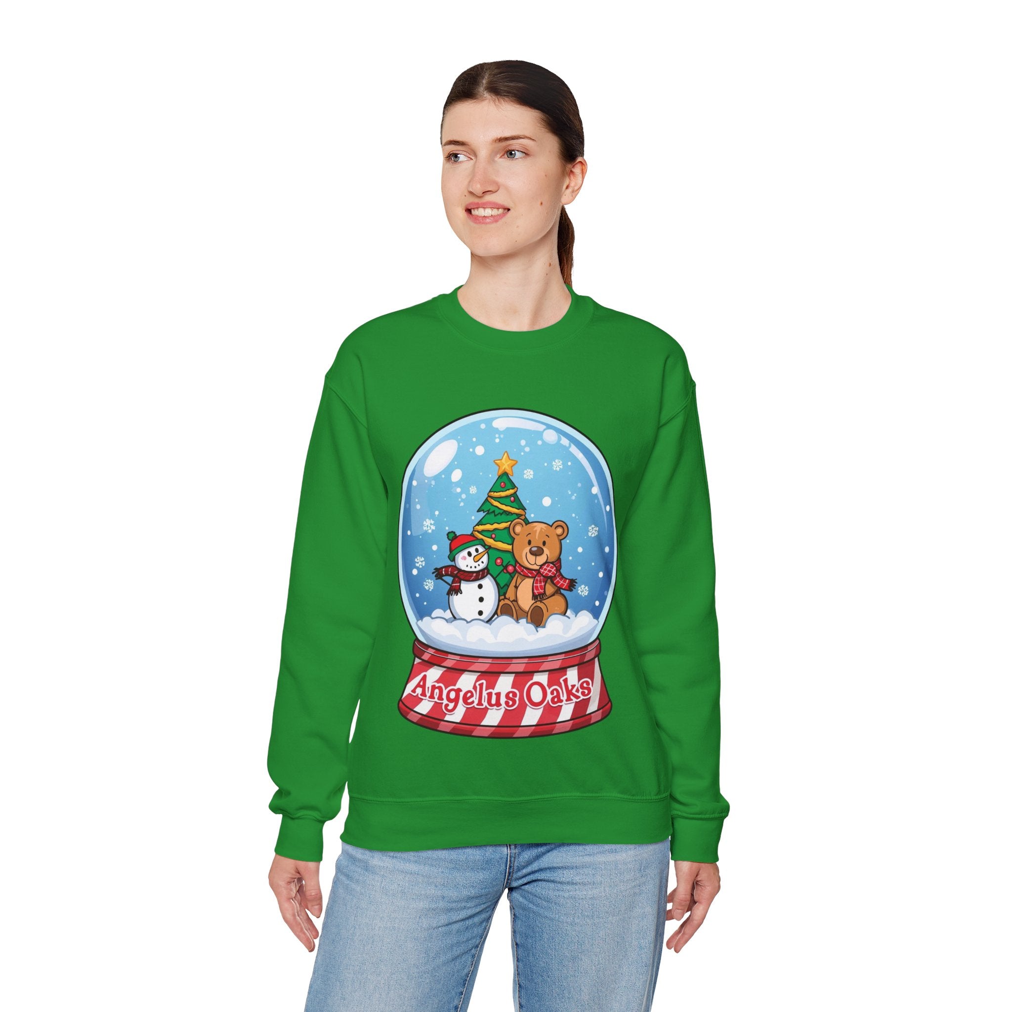 Angelus Oaks Christmas Sweatshirt – Snow Globe Bear & Snowman Crewneck | Cozy Mountain Town Holiday Sweater | Gildan 18000