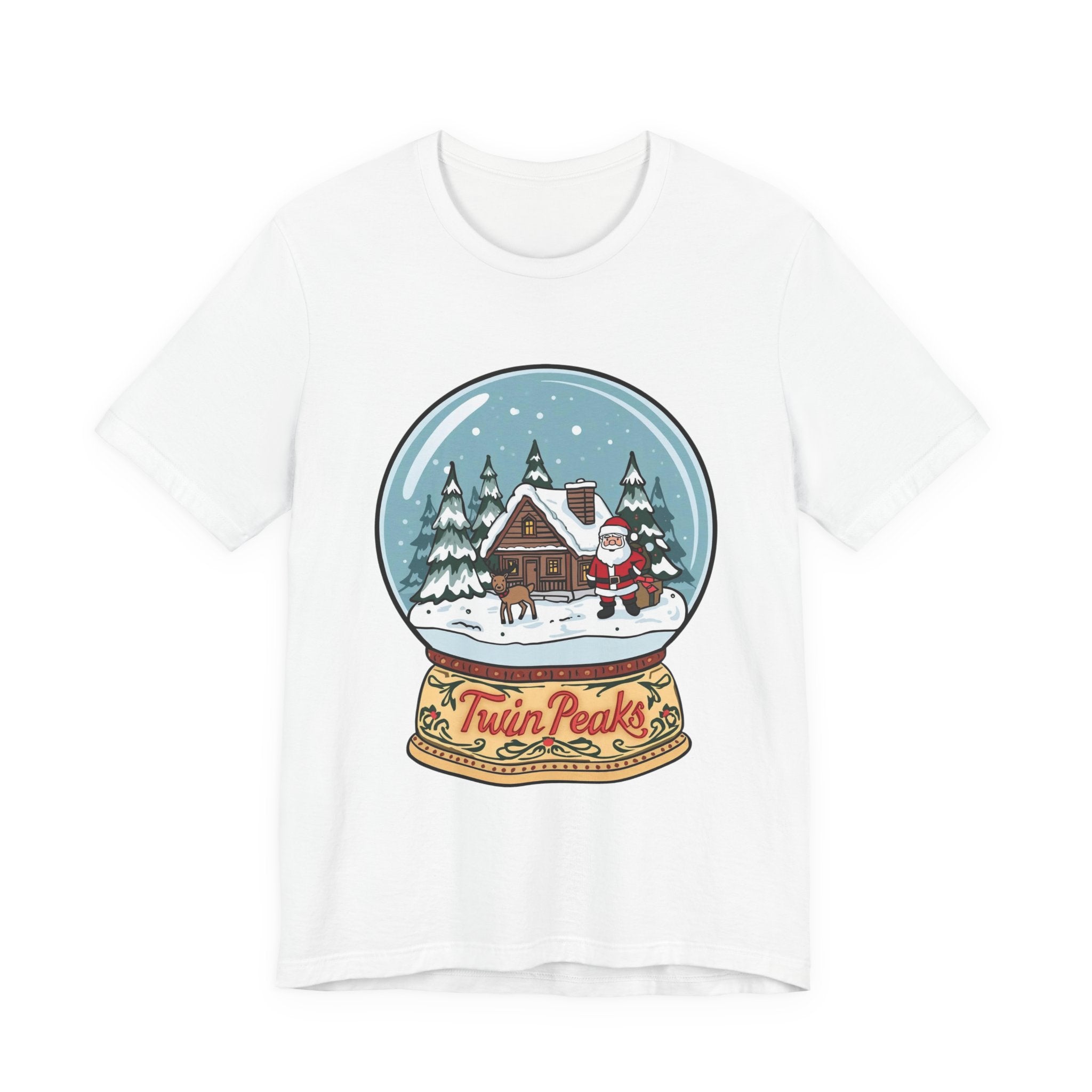 Twin Peaks Christmas Shirt – Snow Globe Santa & Cabin Scene Tee | Mountain Town Christmas Gift | Bella Canvas 3001