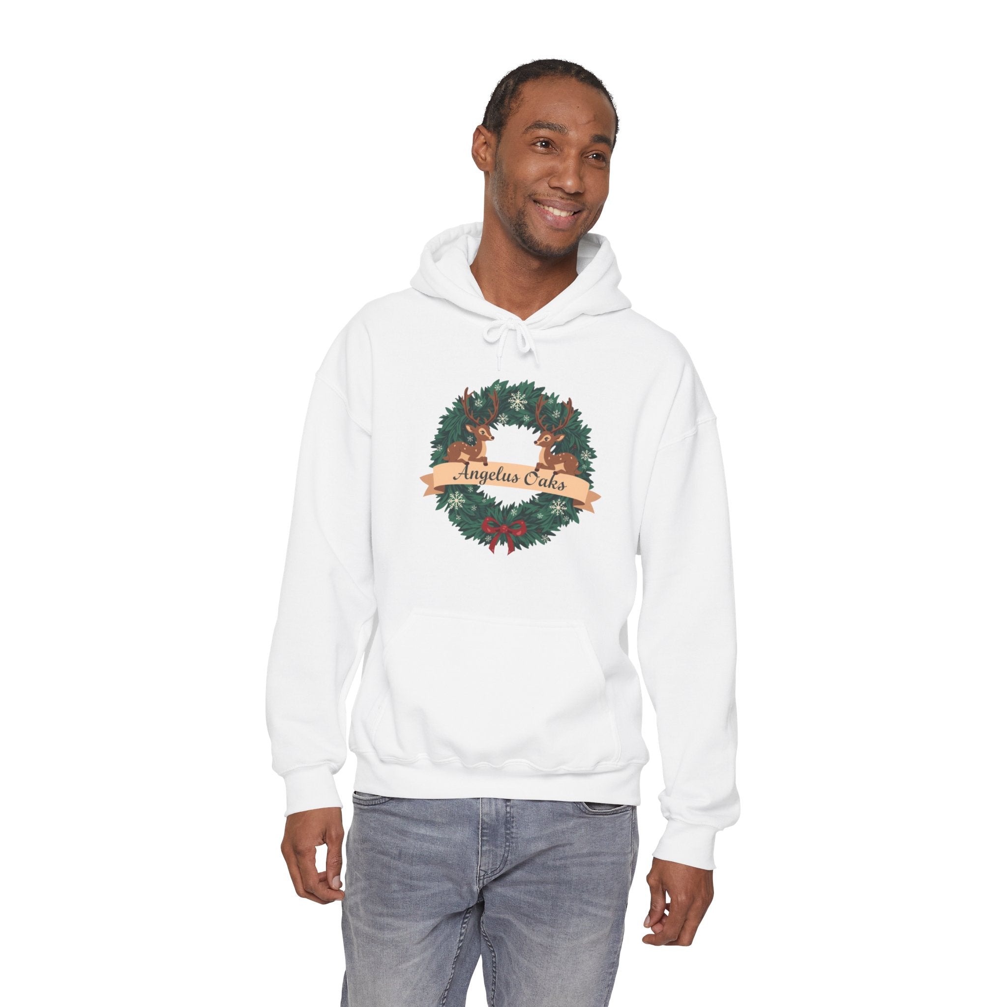 Angelus Oaks Christmas Hoodie – Deer Wreath Holiday Hoodie | Cozy Mountain Town Christmas Sweater | Gildan 18500