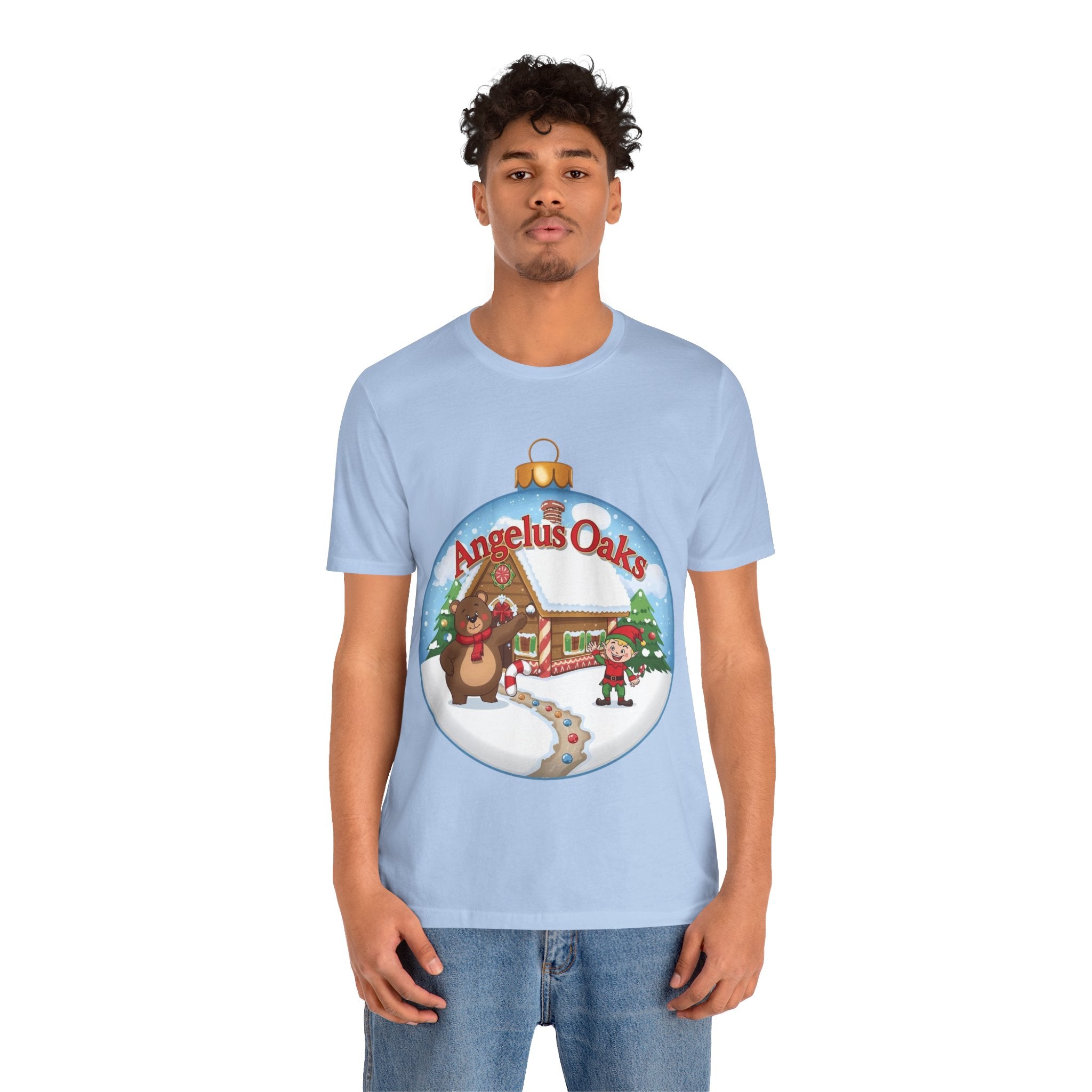 Angelus Oaks Christmas Shirt – Bear & Elf Gingerbread Holiday Tee | Cute Mountain Town Christmas Shirt | Bella Canvas 3001