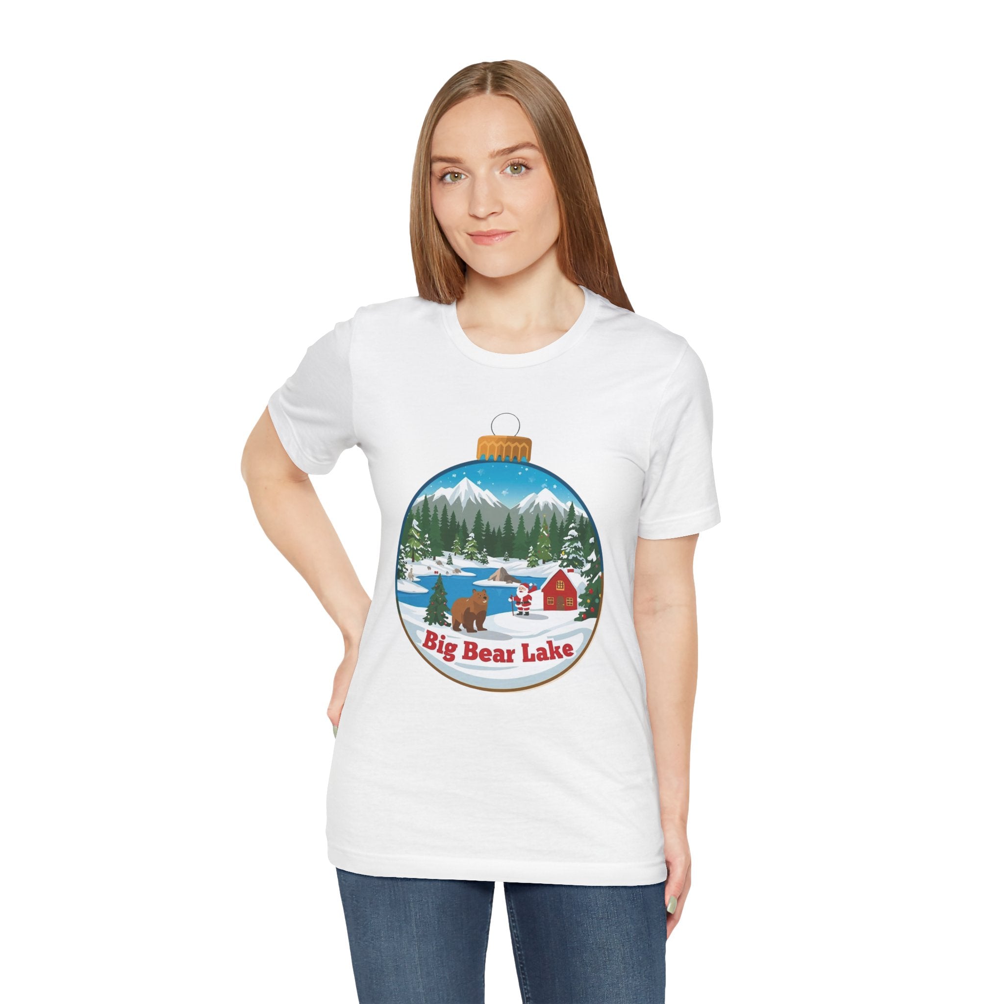 Big Bear Lake Christmas Ornament Scene T-Shirt – Santa, Cabin & Winter Mountains Tee