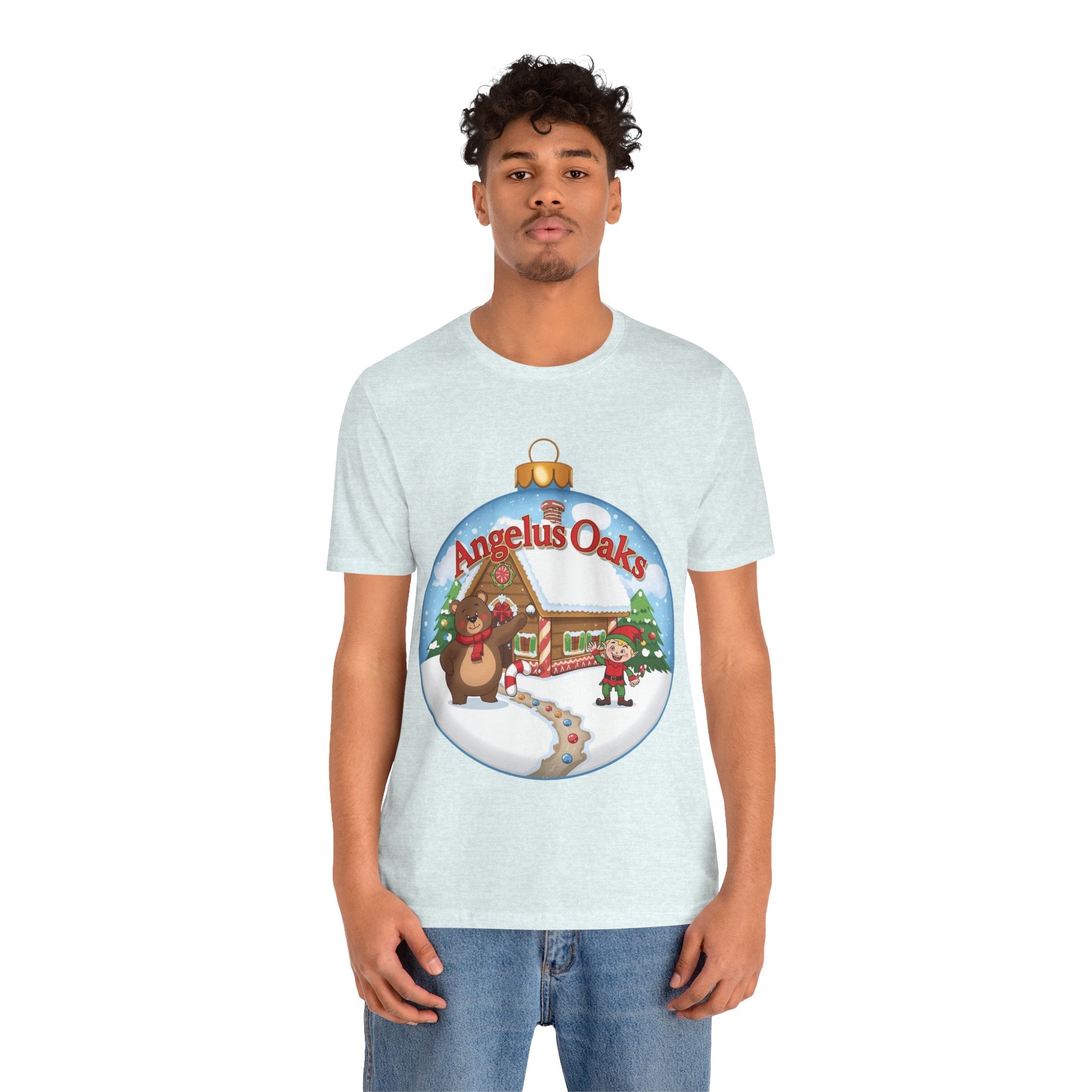 Angelus Oaks Christmas Shirt – Bear & Elf Gingerbread Holiday Tee | Cute Mountain Town Christmas Shirt | Bella Canvas 3001