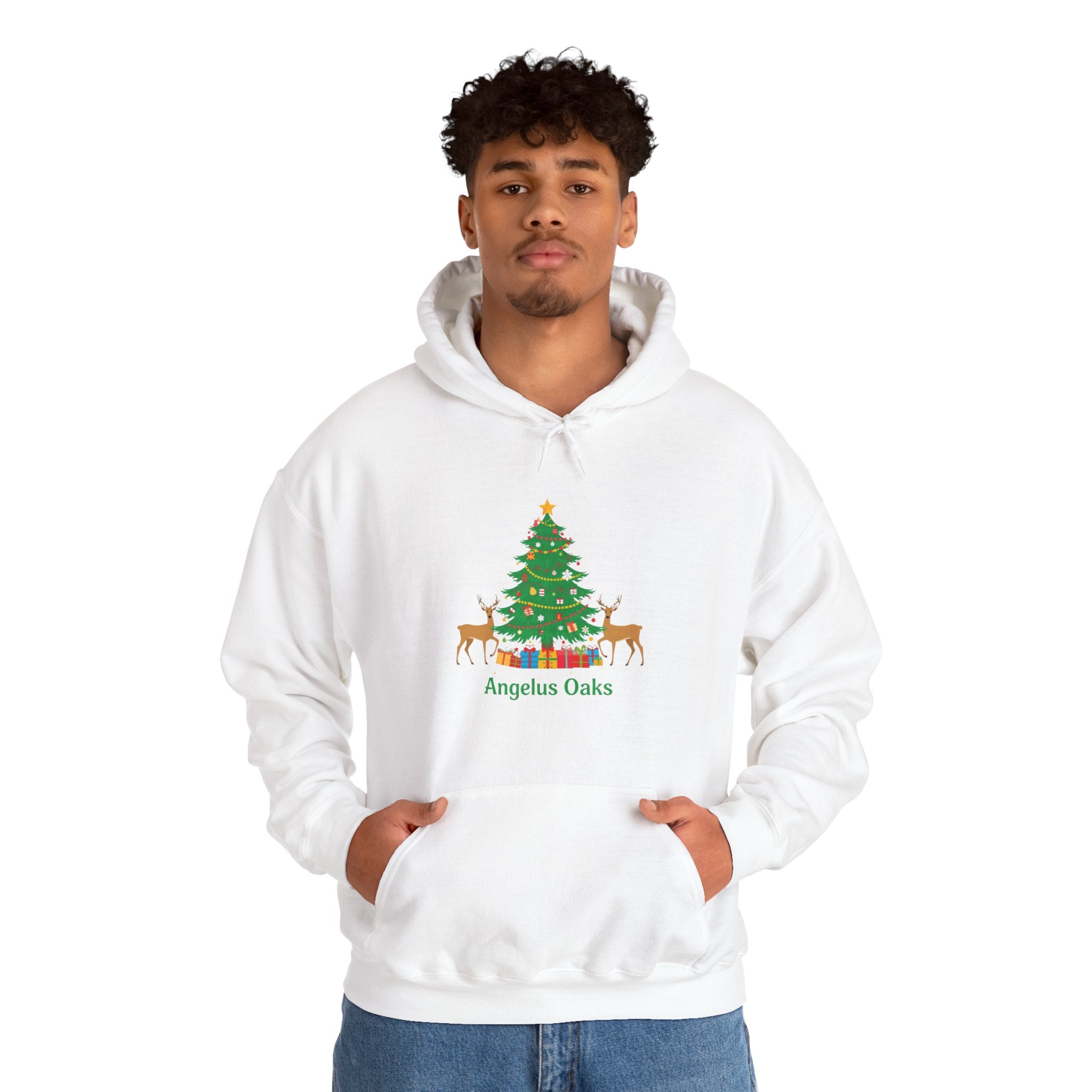 Angelus Oaks Christmas Hoodie – Christmas Tree & Deer Holiday Hoodie | Cozy Mountain Town Christmas Sweater | Gildan 18500