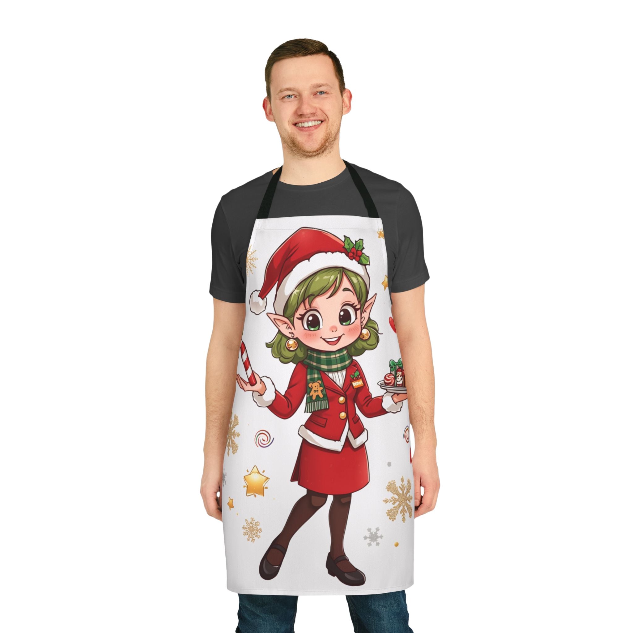 Christmas Elf Apron – Cute Holiday Baking Chef Apron with Candy Cane & Treats
