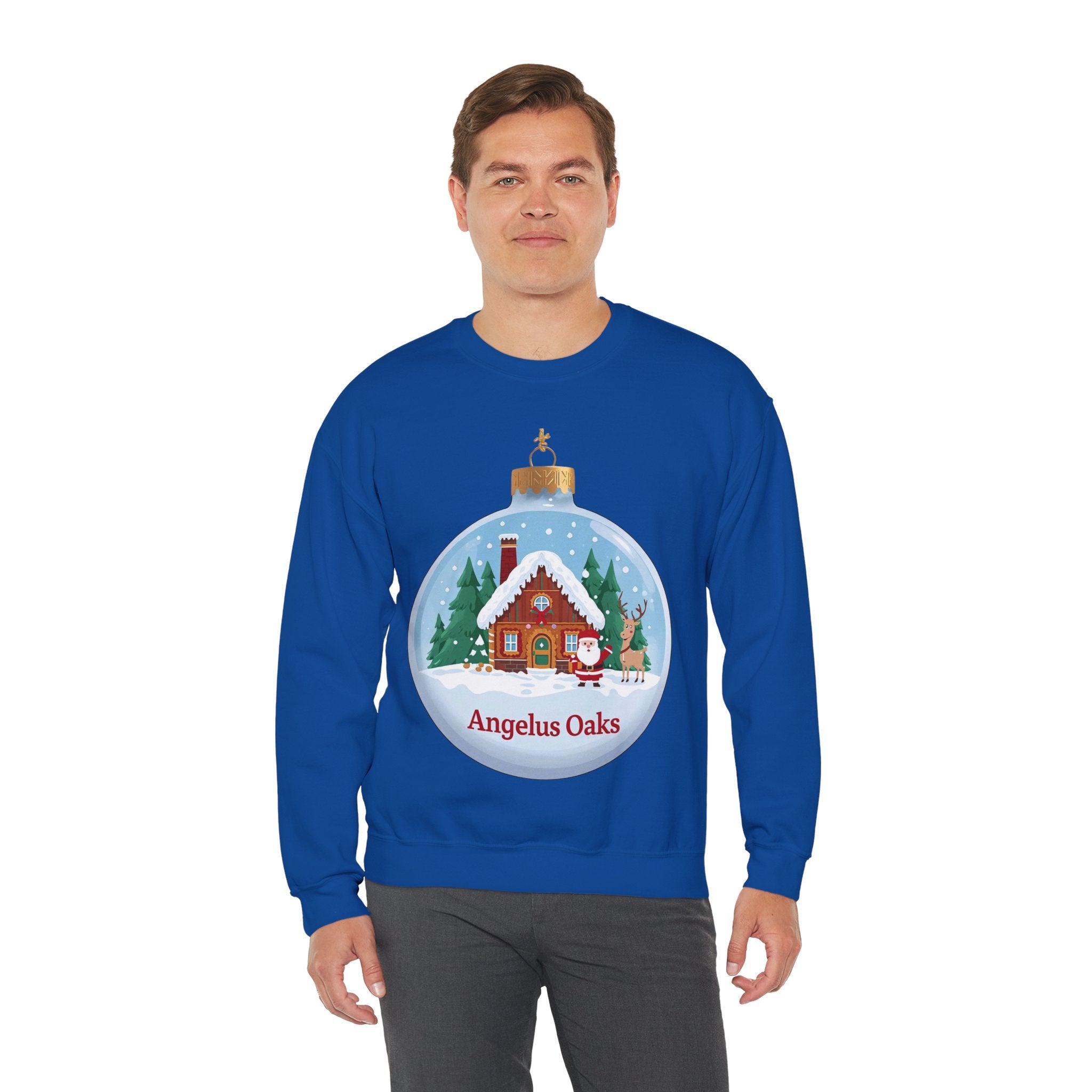 Angelus Oaks Christmas Sweatshirt – Santa & Reindeer Cabin Ornament Crewneck | Mountain Town Holiday Sweater | Gildan 18000