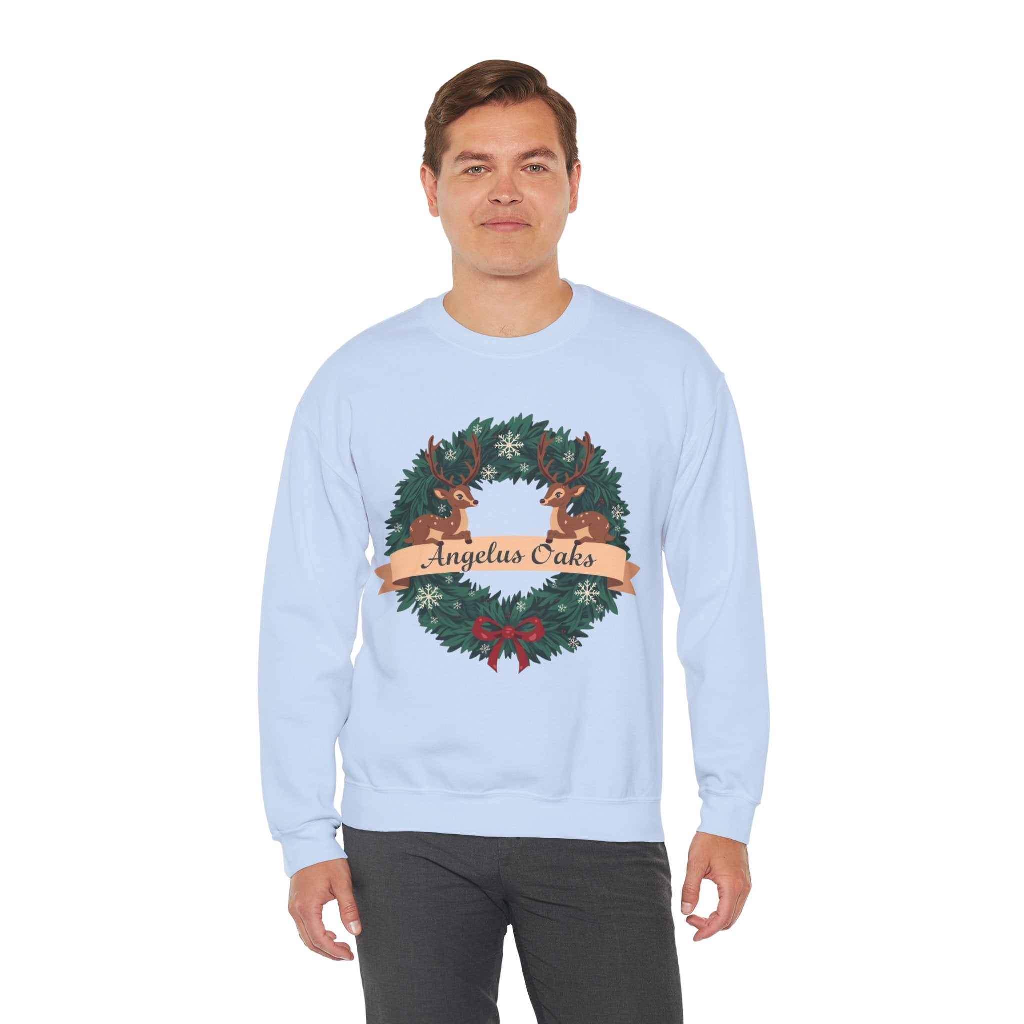 Angelus Oaks Christmas Sweatshirt – Deer Wreath Holiday Crewneck | Cozy Mountain Town Christmas Sweater | Gildan 18000