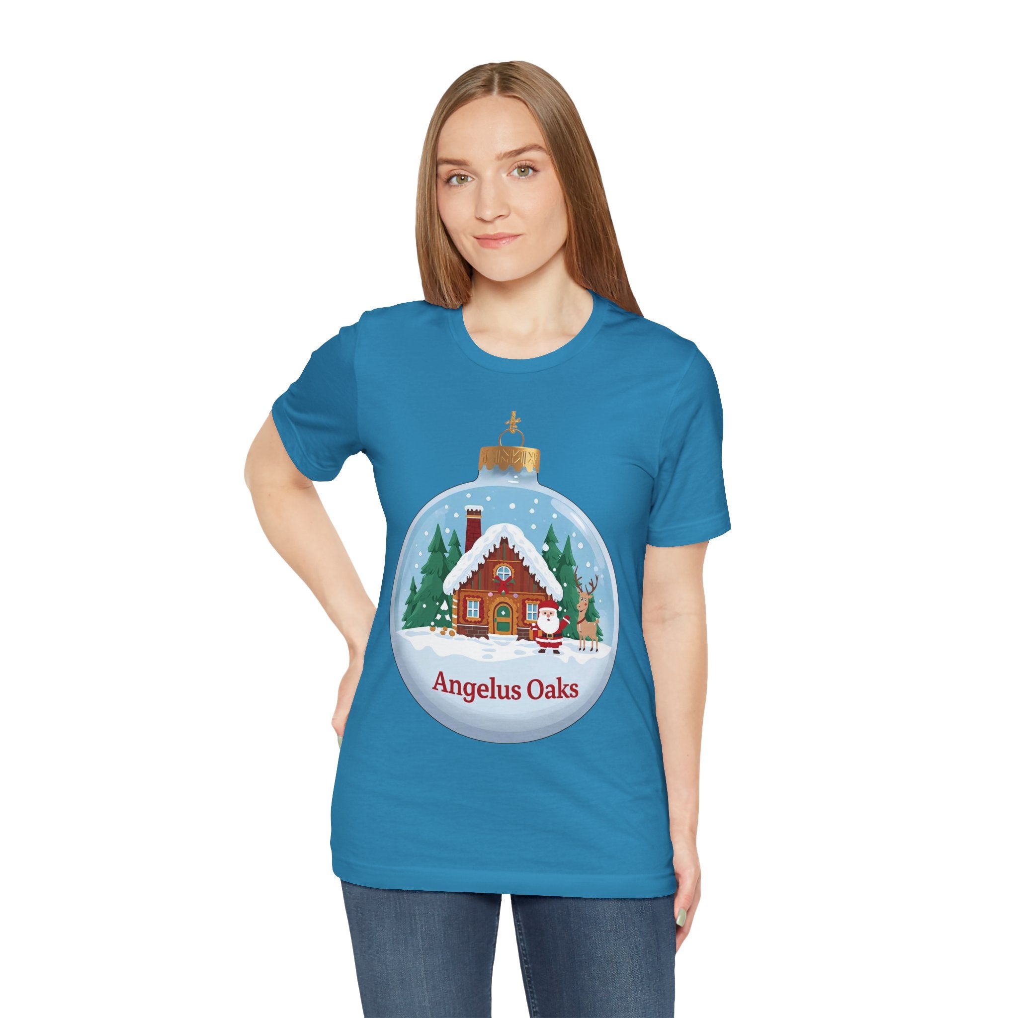 Angelus Oaks Christmas Shirt – Santa & Reindeer Cabin Ornament Tee | Mountain Town Holiday Shirt | Bella Canvas 3001