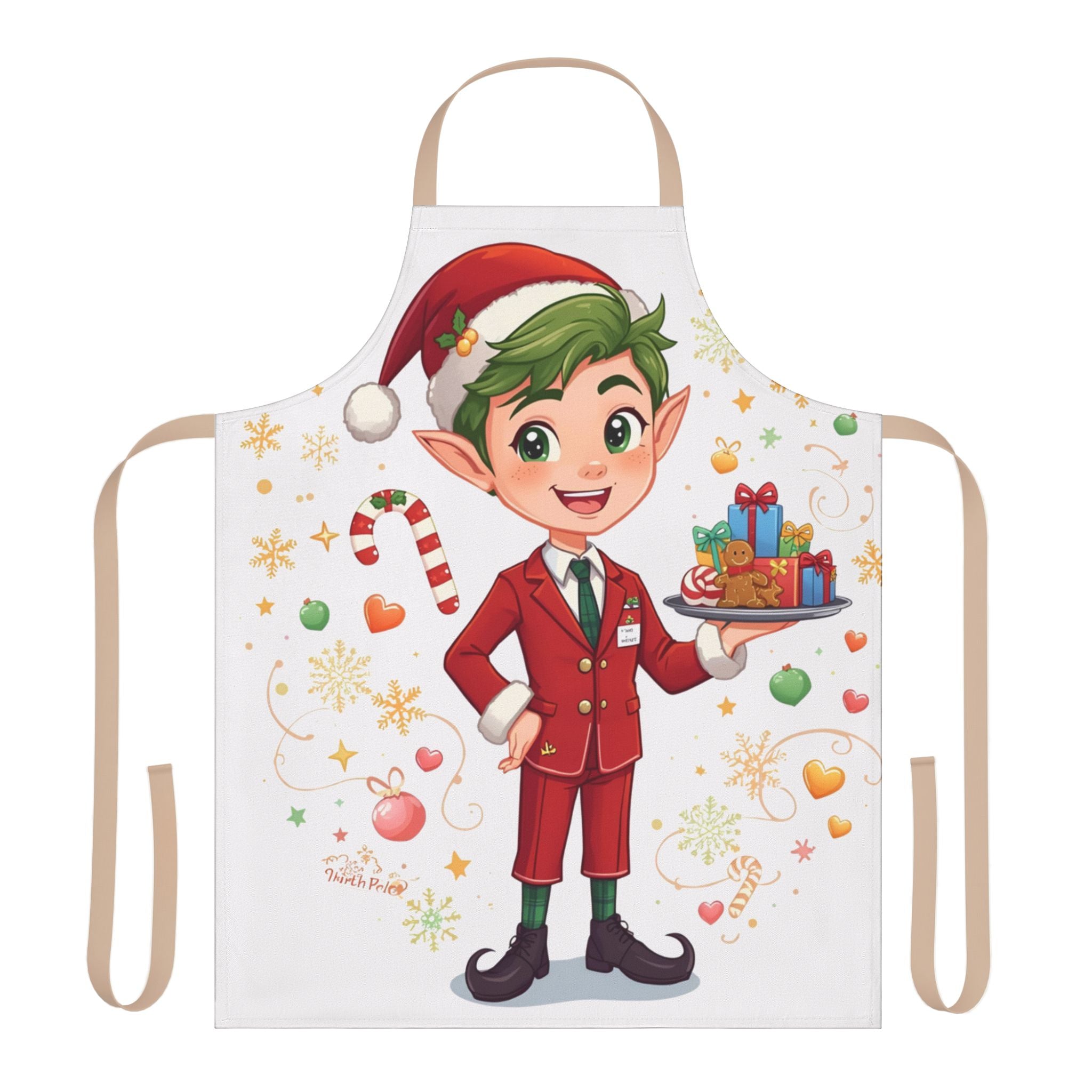 Christmas Elf Apron – Cute Holiday Baking Chef Apron with Candy Cane & Gift Design