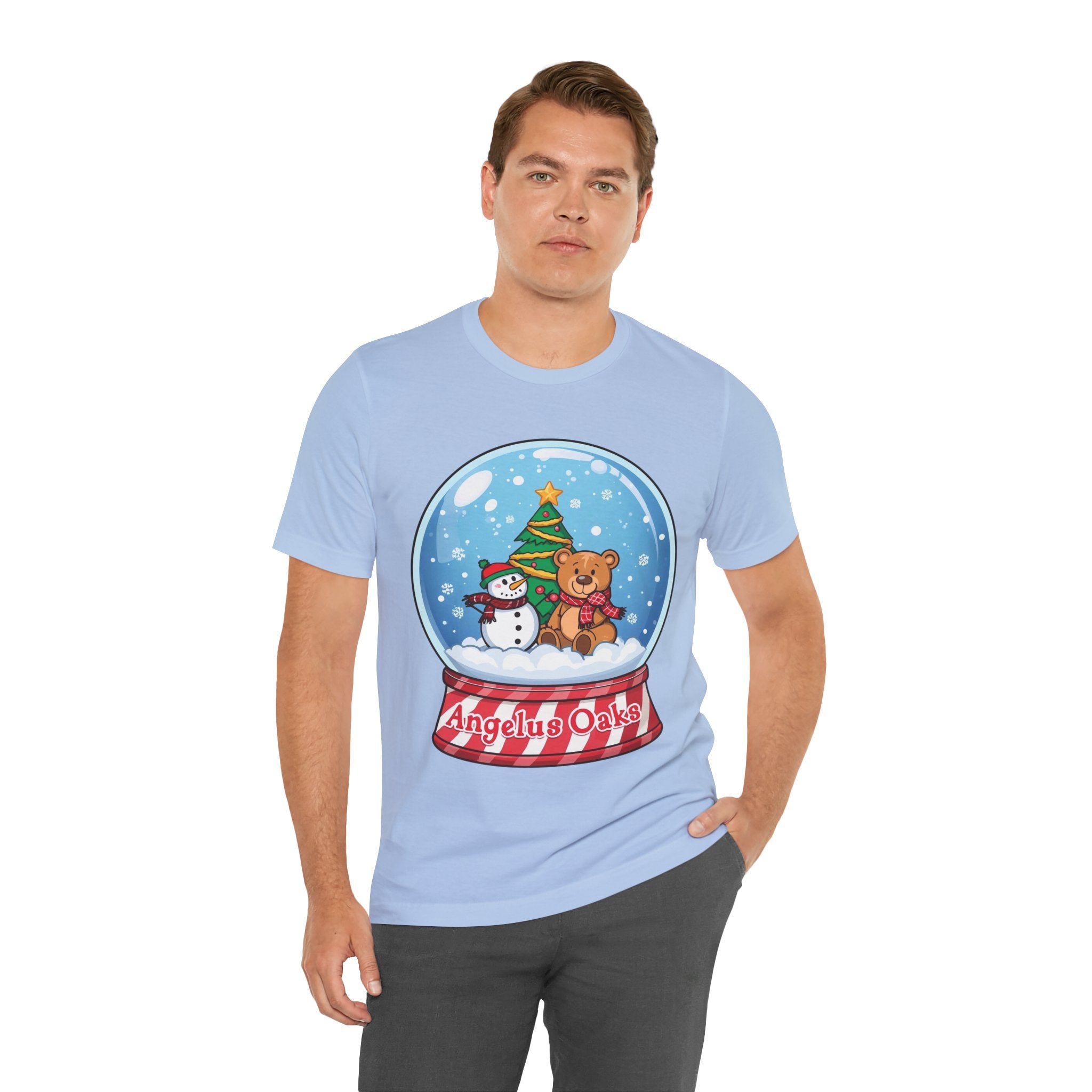 Angelus Oaks Christmas Shirt – Snow Globe Bear & Snowman Holiday Tee | Cute Mountain Town Christmas Shirt | Bella Canvas 3001