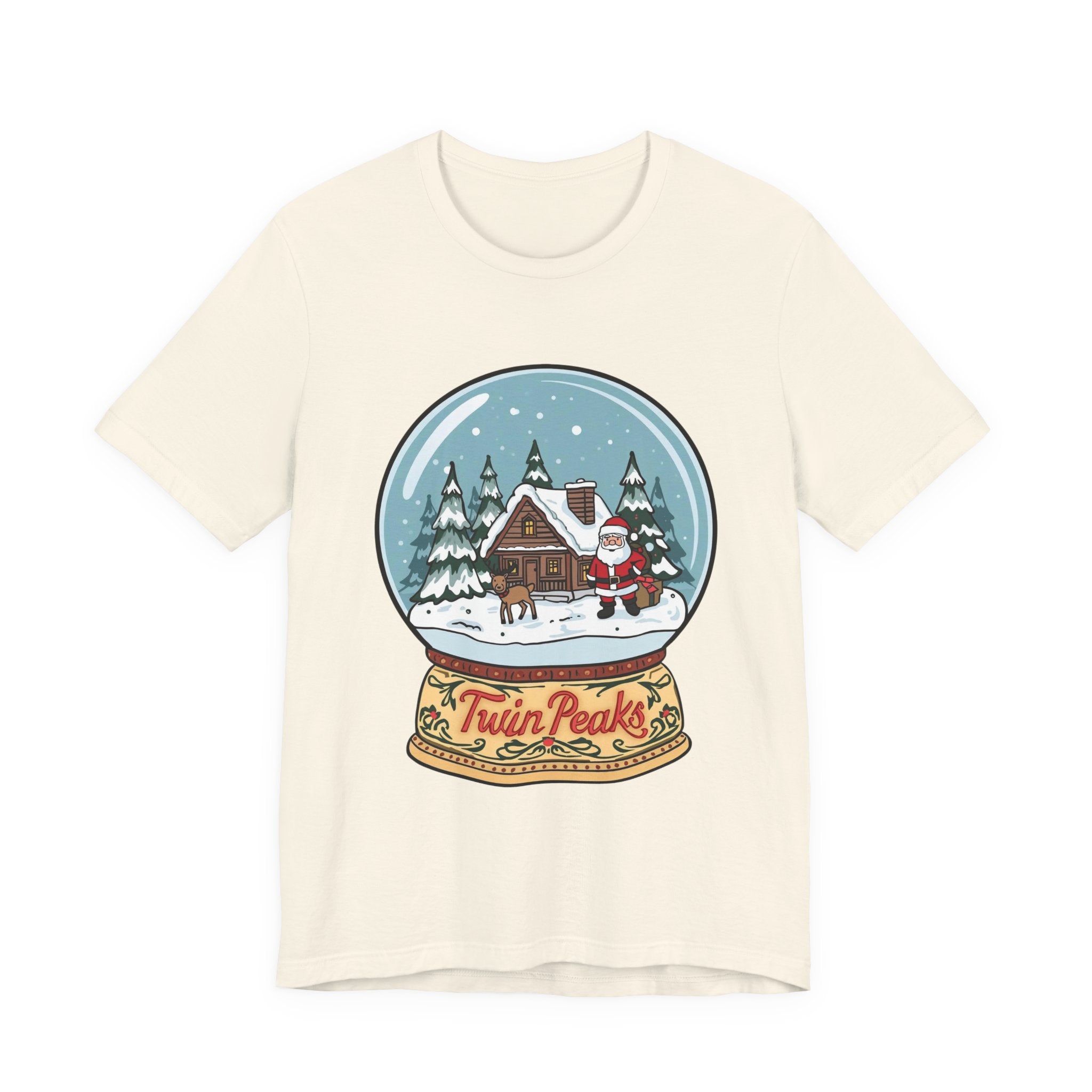 Twin Peaks Christmas Shirt – Snow Globe Santa & Cabin Scene Tee | Mountain Town Christmas Gift | Bella Canvas 3001
