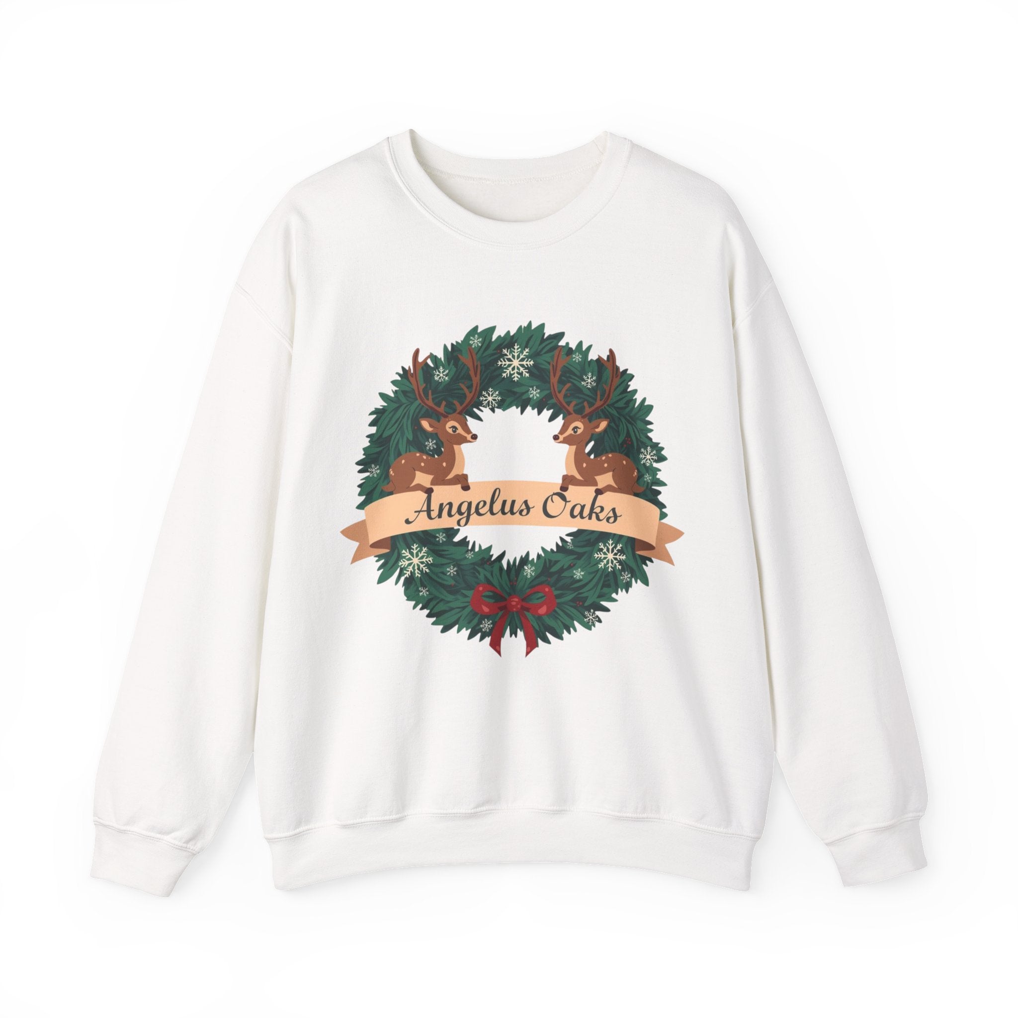 Angelus Oaks Christmas Sweatshirt – Deer Wreath Holiday Crewneck | Cozy Mountain Town Christmas Sweater | Gildan 18000