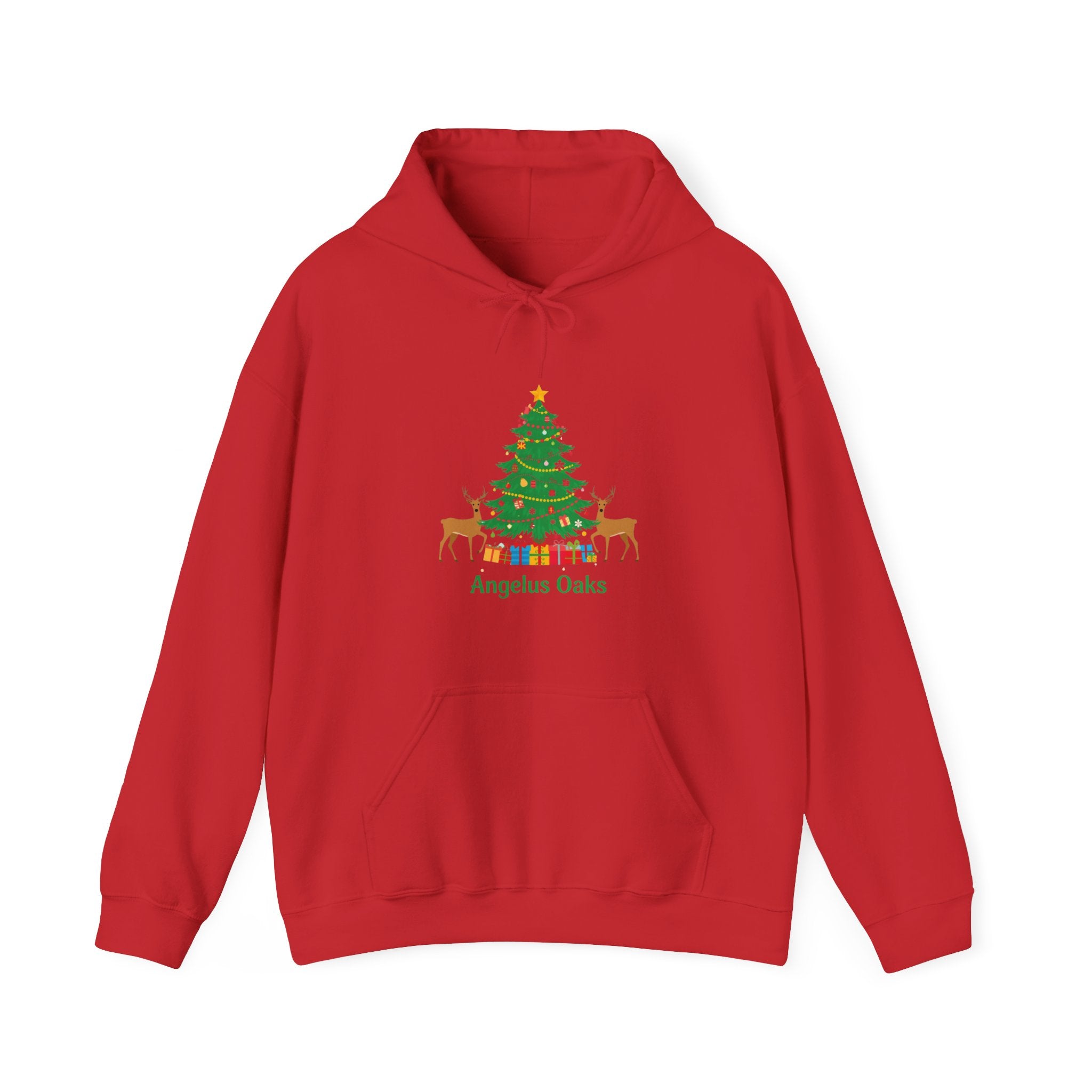 Angelus Oaks Christmas Hoodie – Christmas Tree & Deer Holiday Hoodie | Cozy Mountain Town Christmas Sweater | Gildan 18500