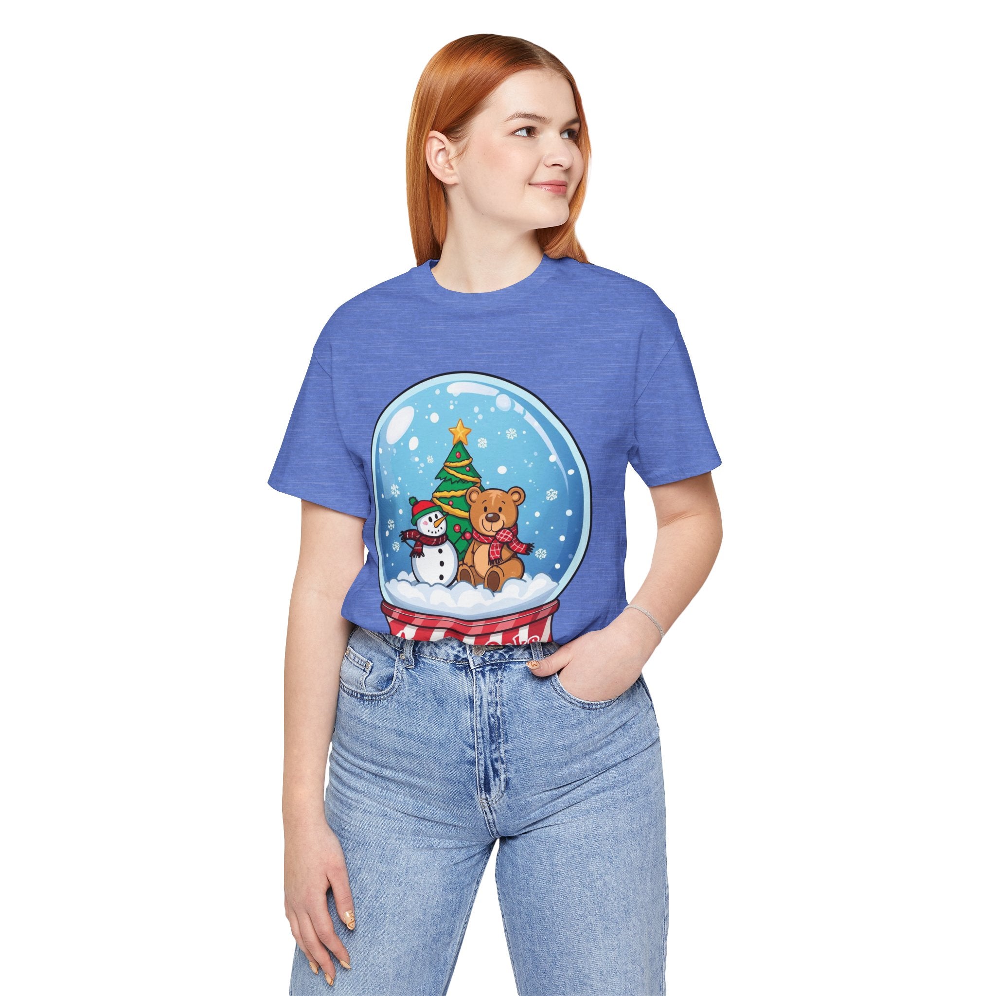 Angelus Oaks Christmas Shirt – Snow Globe Bear & Snowman Holiday Tee | Cute Mountain Town Christmas Shirt | Bella Canvas 3001