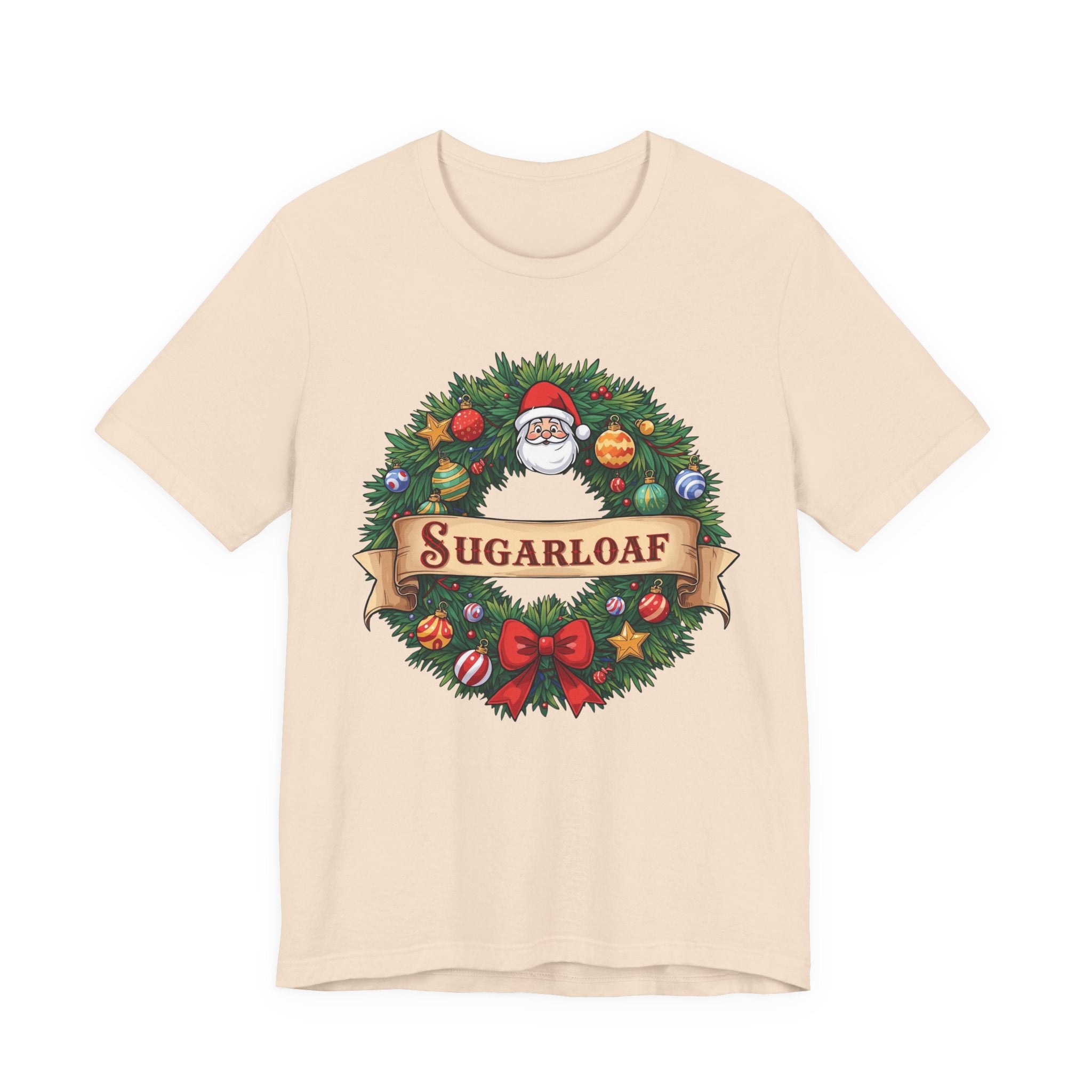 Sugarloaf Christmas Shirt – Festive Santa Wreath & Ornaments Tee | Mountain Town Christmas Gift | Bella Canvas 3001