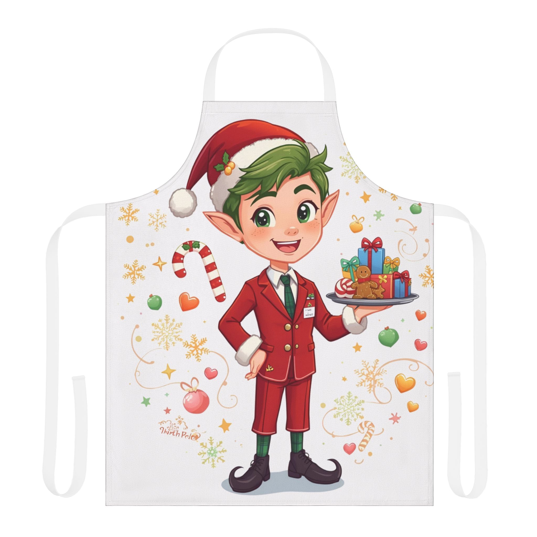Christmas Elf Apron – Cute Holiday Baking Chef Apron with Candy Cane & Gift Design