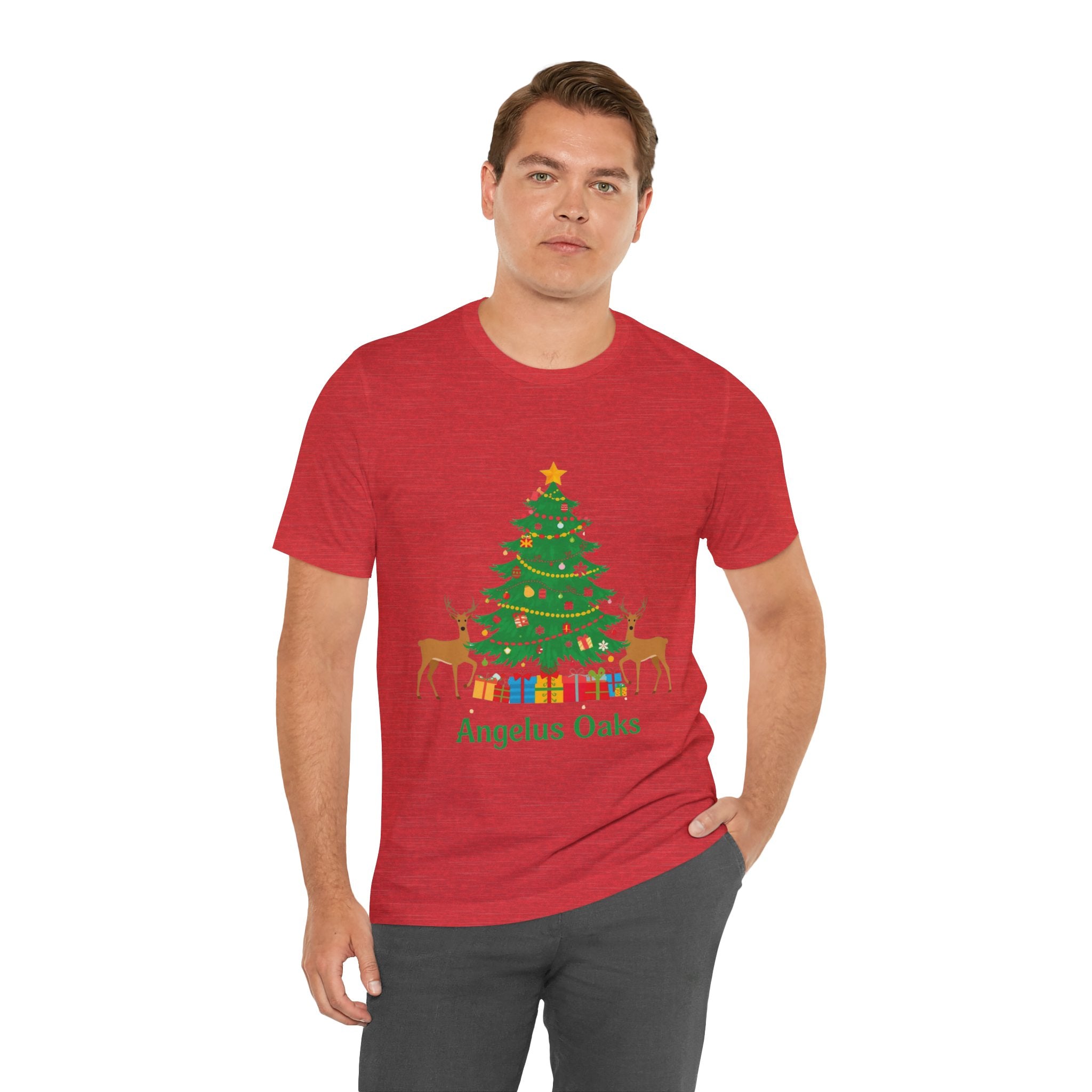 Angelus Oaks Christmas Shirt – Christmas Tree & Deer Holiday Tee | Mountain Town Christmas Shirt | Bella Canvas 3001