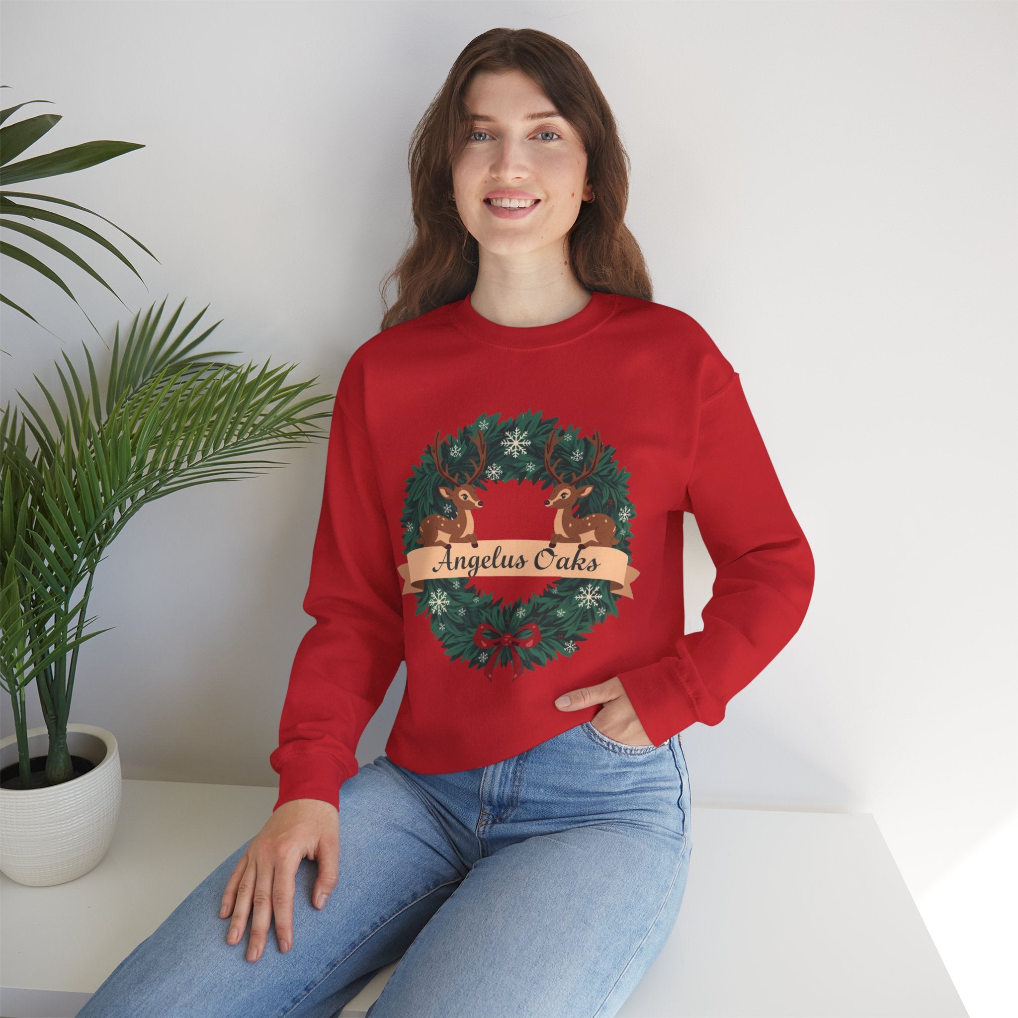 Angelus Oaks Christmas Sweatshirt – Deer Wreath Holiday Crewneck | Cozy Mountain Town Christmas Sweater | Gildan 18000