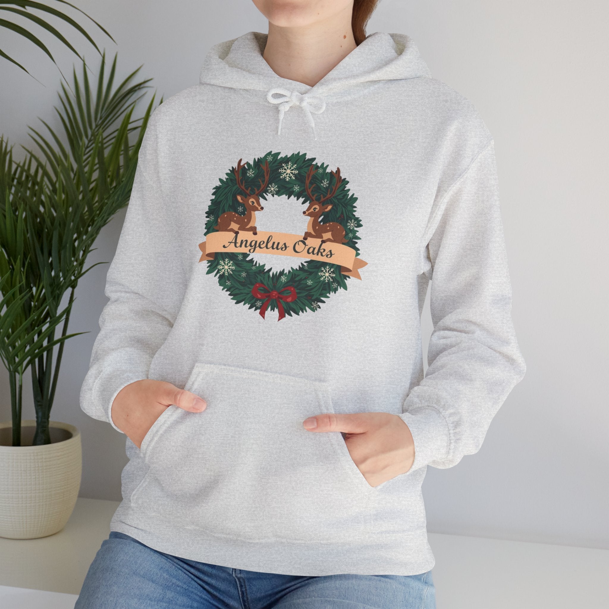 Angelus Oaks Christmas Hoodie – Deer Wreath Holiday Hoodie | Cozy Mountain Town Christmas Sweater | Gildan 18500