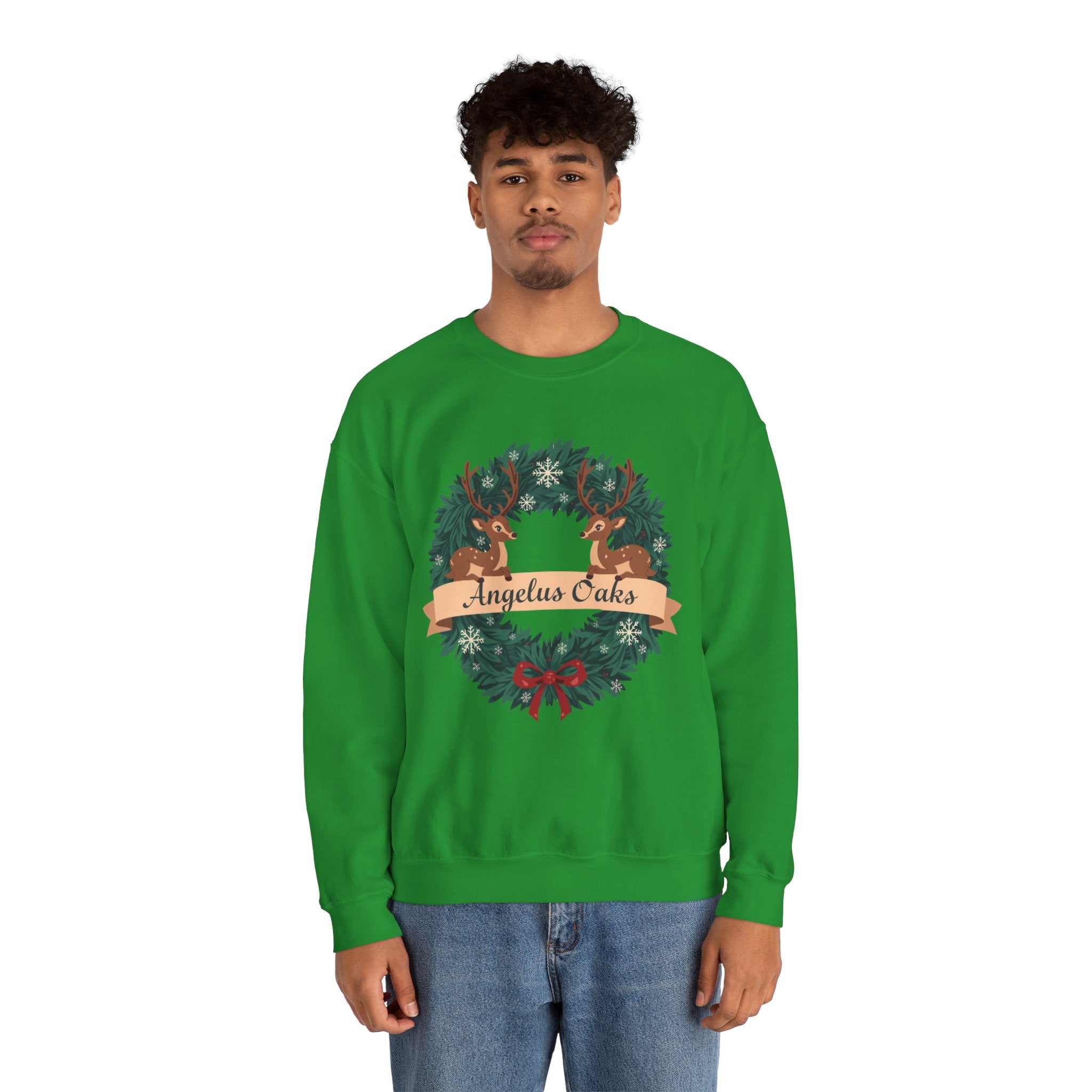 Angelus Oaks Christmas Sweatshirt – Deer Wreath Holiday Crewneck | Cozy Mountain Town Christmas Sweater | Gildan 18000