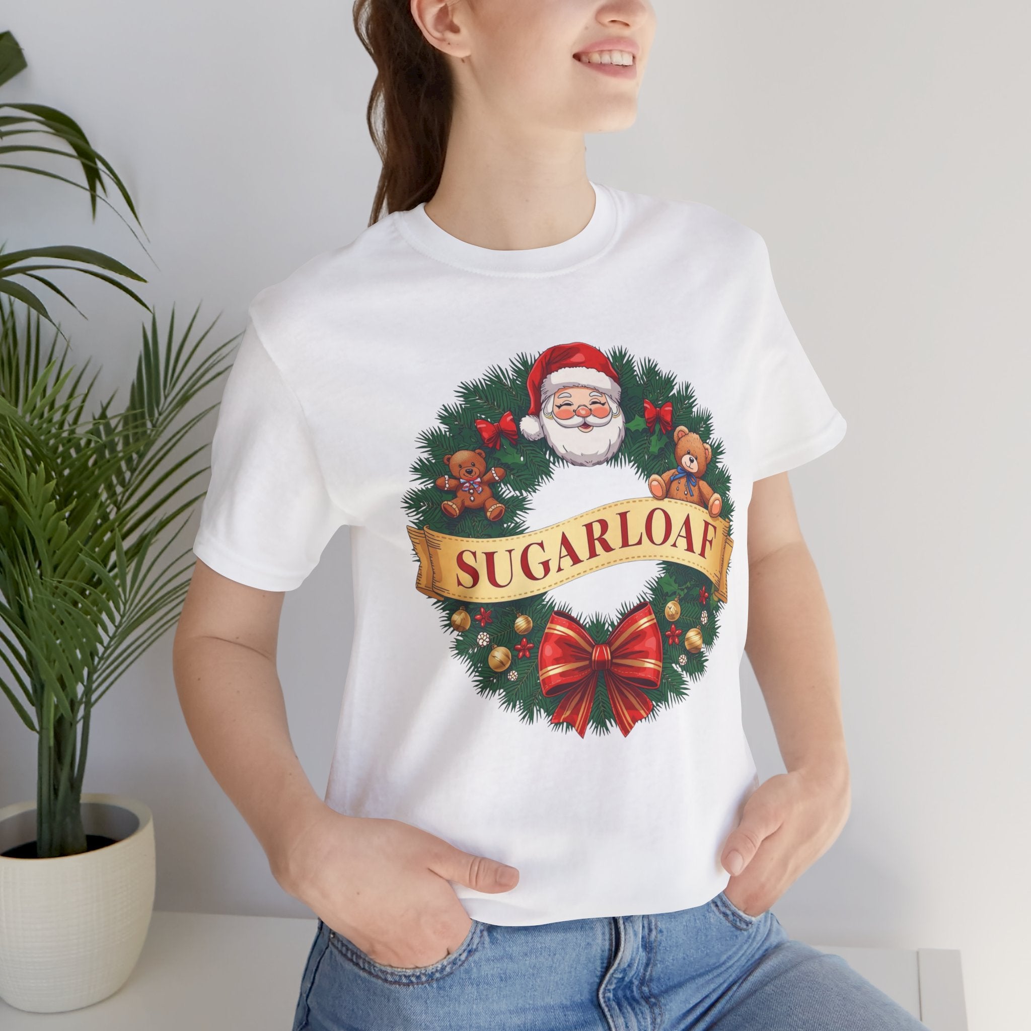 Sugarloaf Christmas Shirt – Santa & Teddy Bear Wreath Tee | Mountain Town Christmas Gift | Bella Canvas 3001