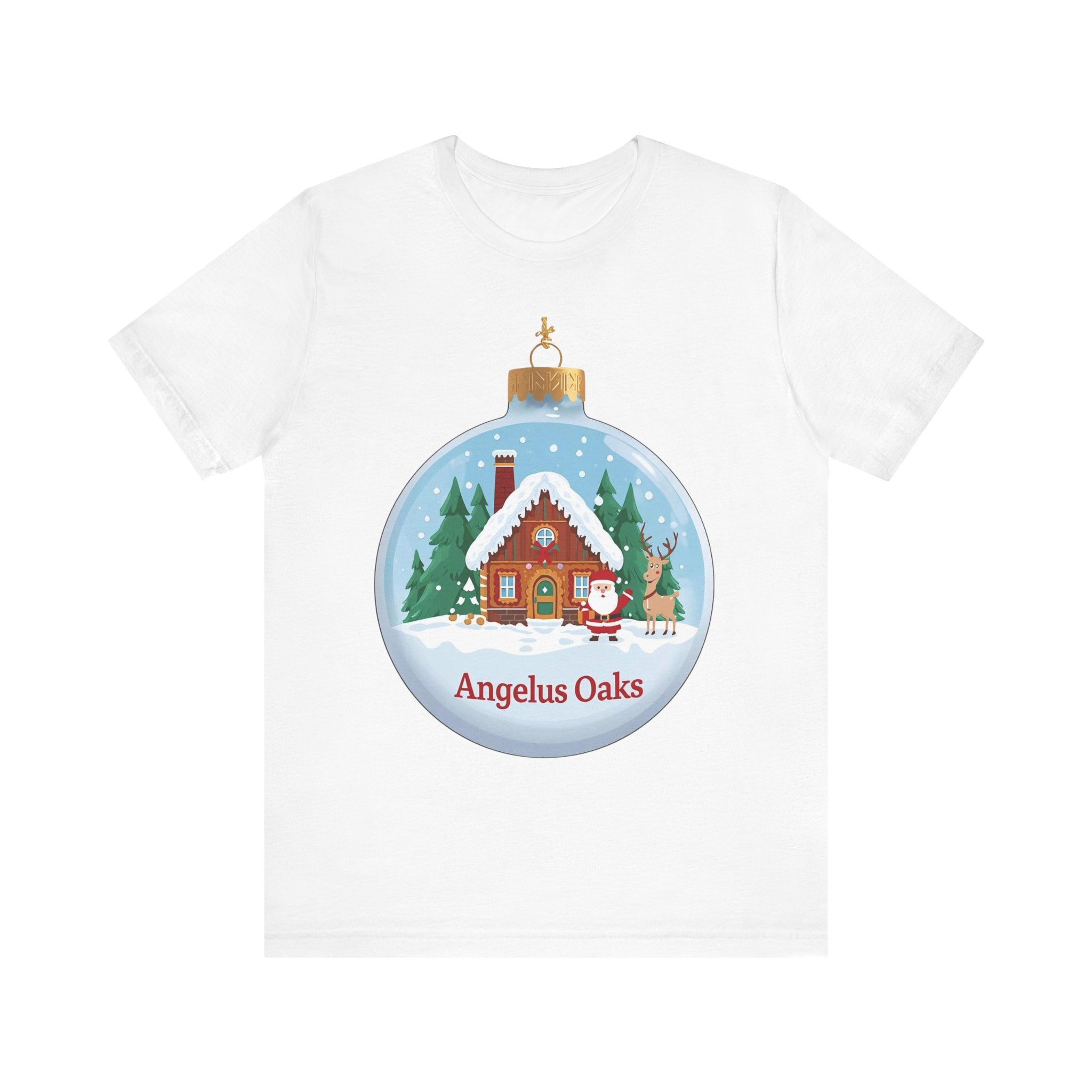 Angelus Oaks Christmas Shirt – Santa & Reindeer Cabin Ornament Tee | Mountain Town Holiday Shirt | Bella Canvas 3001