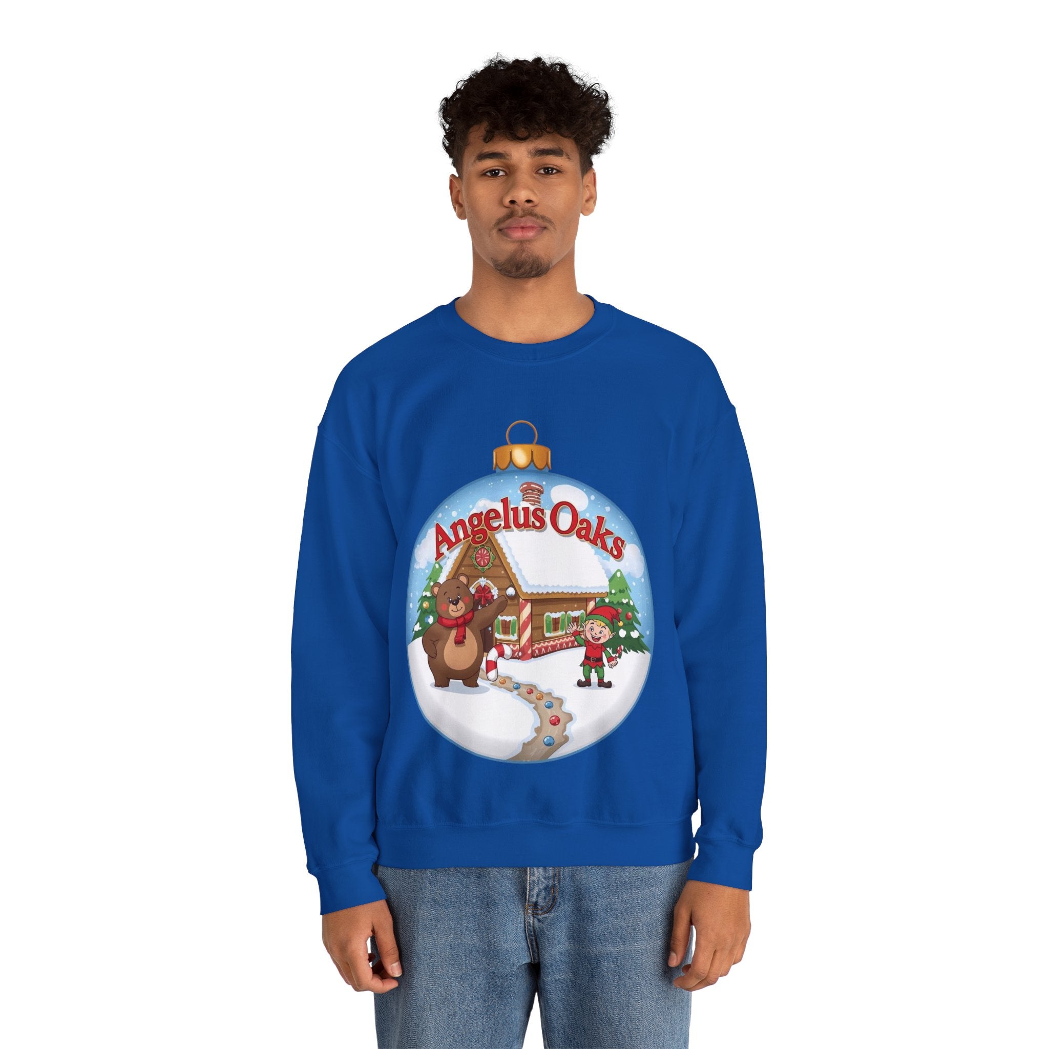 Angelus Oaks Christmas Sweatshirt – Bear & Elf Gingerbread Holiday Crewneck | Cute Mountain Town Christmas Sweater | Gildan 18000
