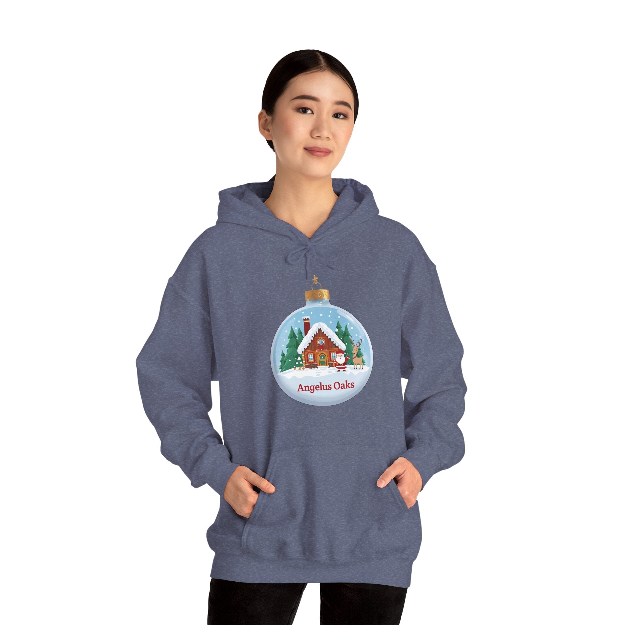 Angelus Oaks Christmas Hoodie – Santa & Reindeer Cabin Ornament Hoodie | Cozy Mountain Town Christmas Sweater | Gildan 18500