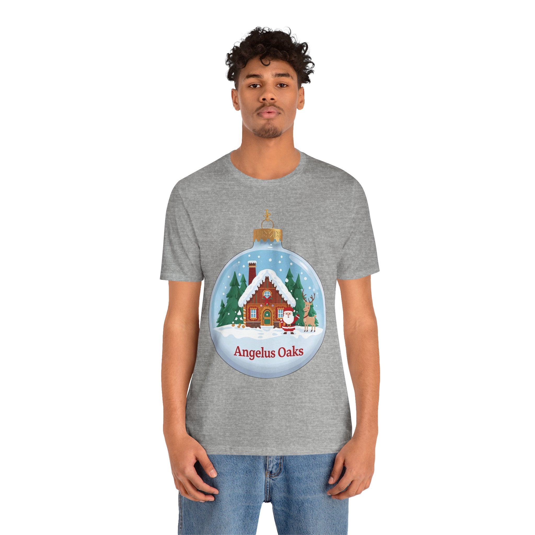 Angelus Oaks Christmas Shirt – Santa & Reindeer Cabin Ornament Tee | Mountain Town Holiday Shirt | Bella Canvas 3001