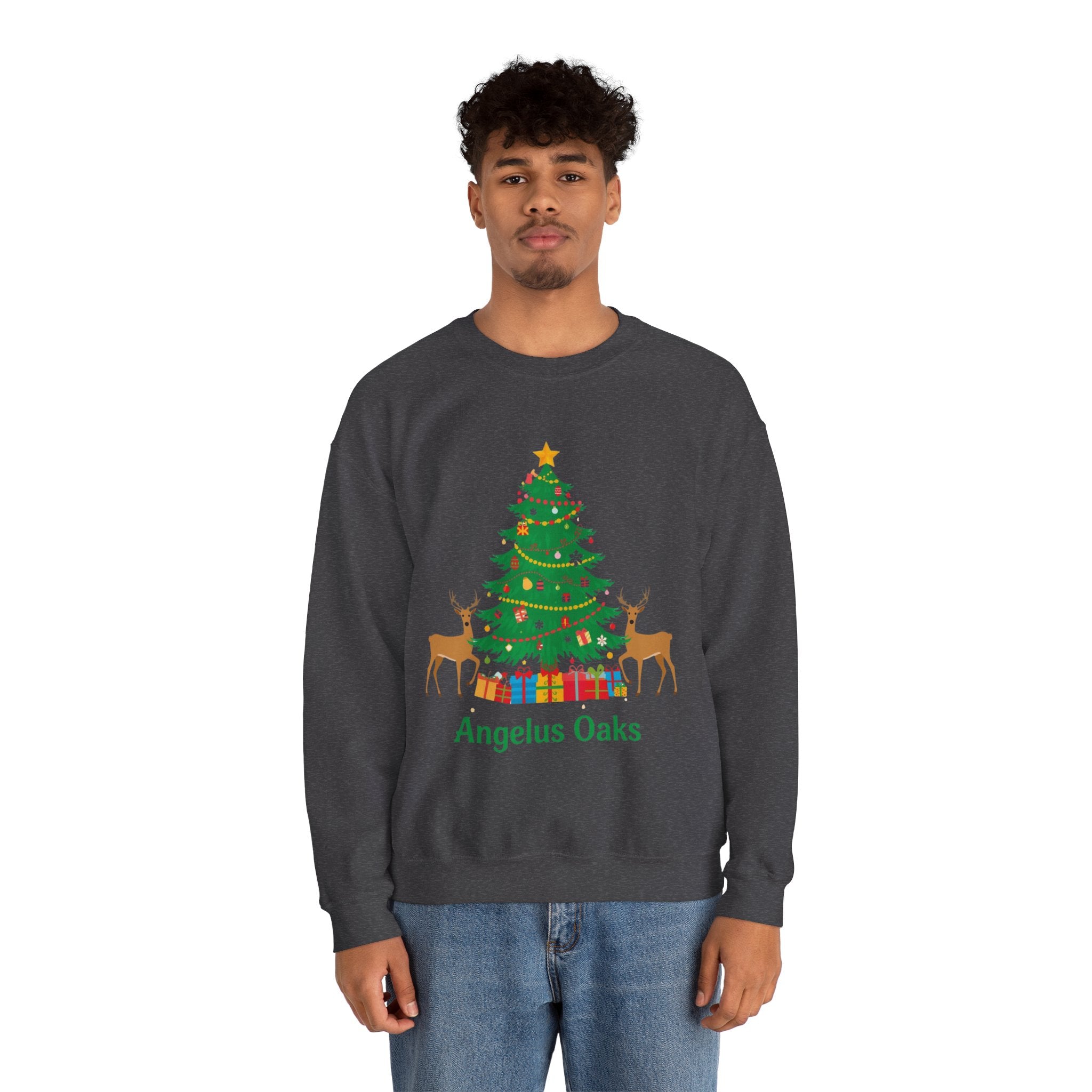 Angelus Oaks Christmas Sweatshirt – Christmas Tree & Deer Holiday Crewneck | Mountain Town Christmas Sweater | Gildan 18000