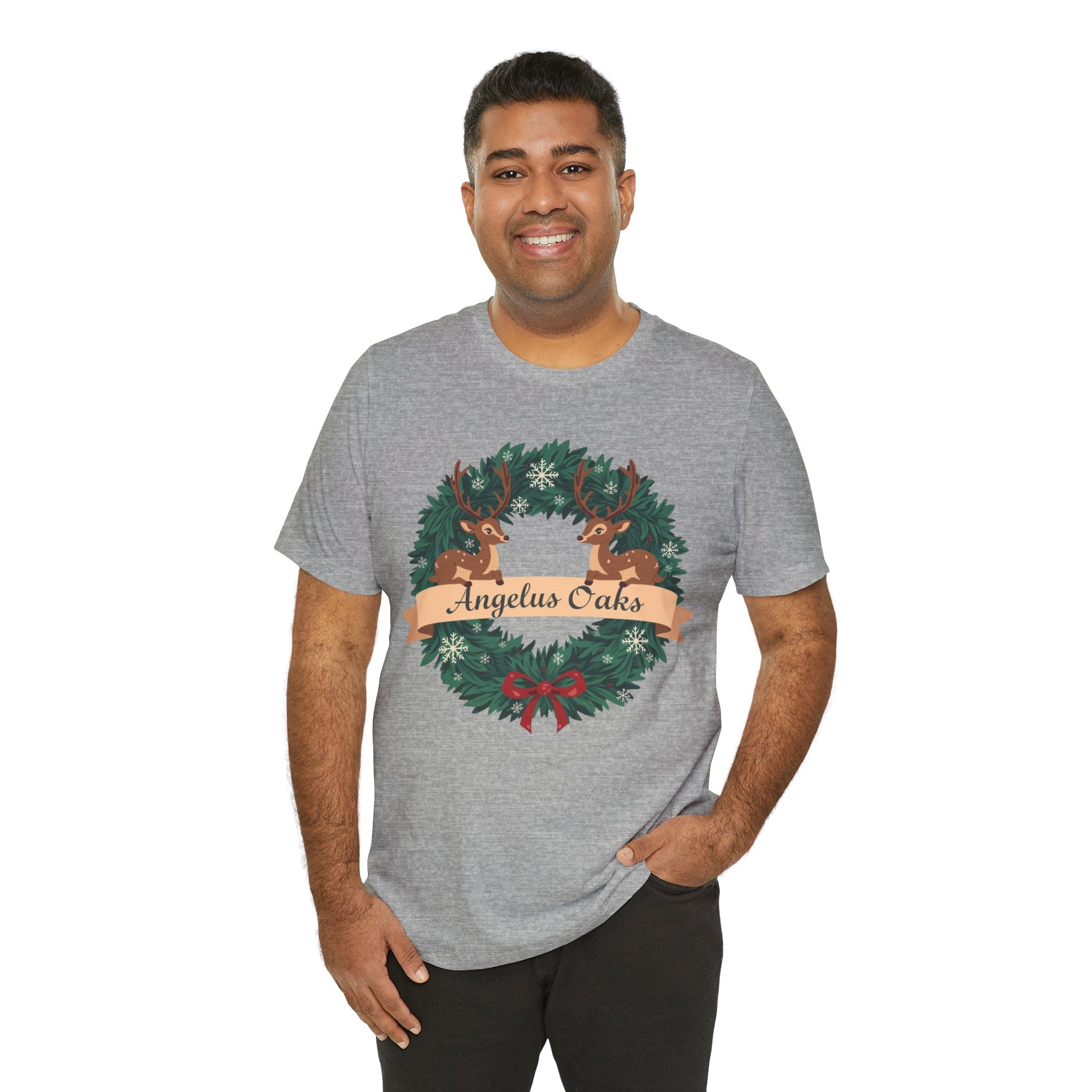 Angelus Oaks Christmas Shirt – Deer Wreath Holiday Tee | Mountain Town Christmas Shirt | Bella Canvas 3001