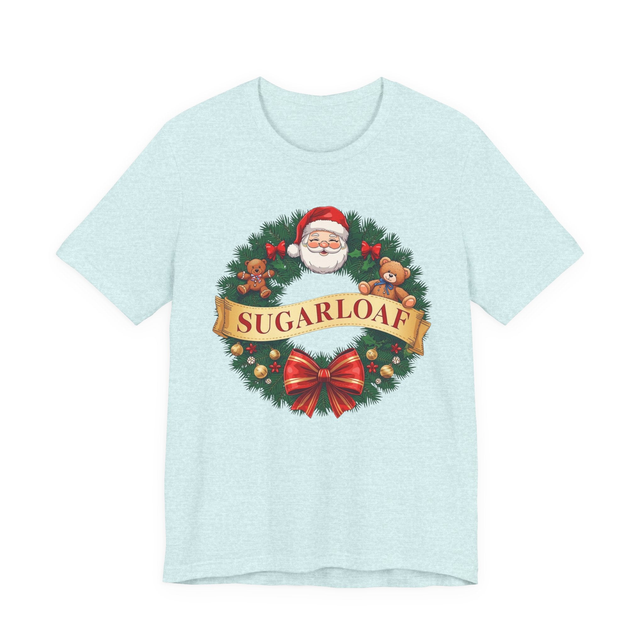 Sugarloaf Christmas Shirt – Santa & Teddy Bear Wreath Tee | Mountain Town Christmas Gift | Bella Canvas 3001