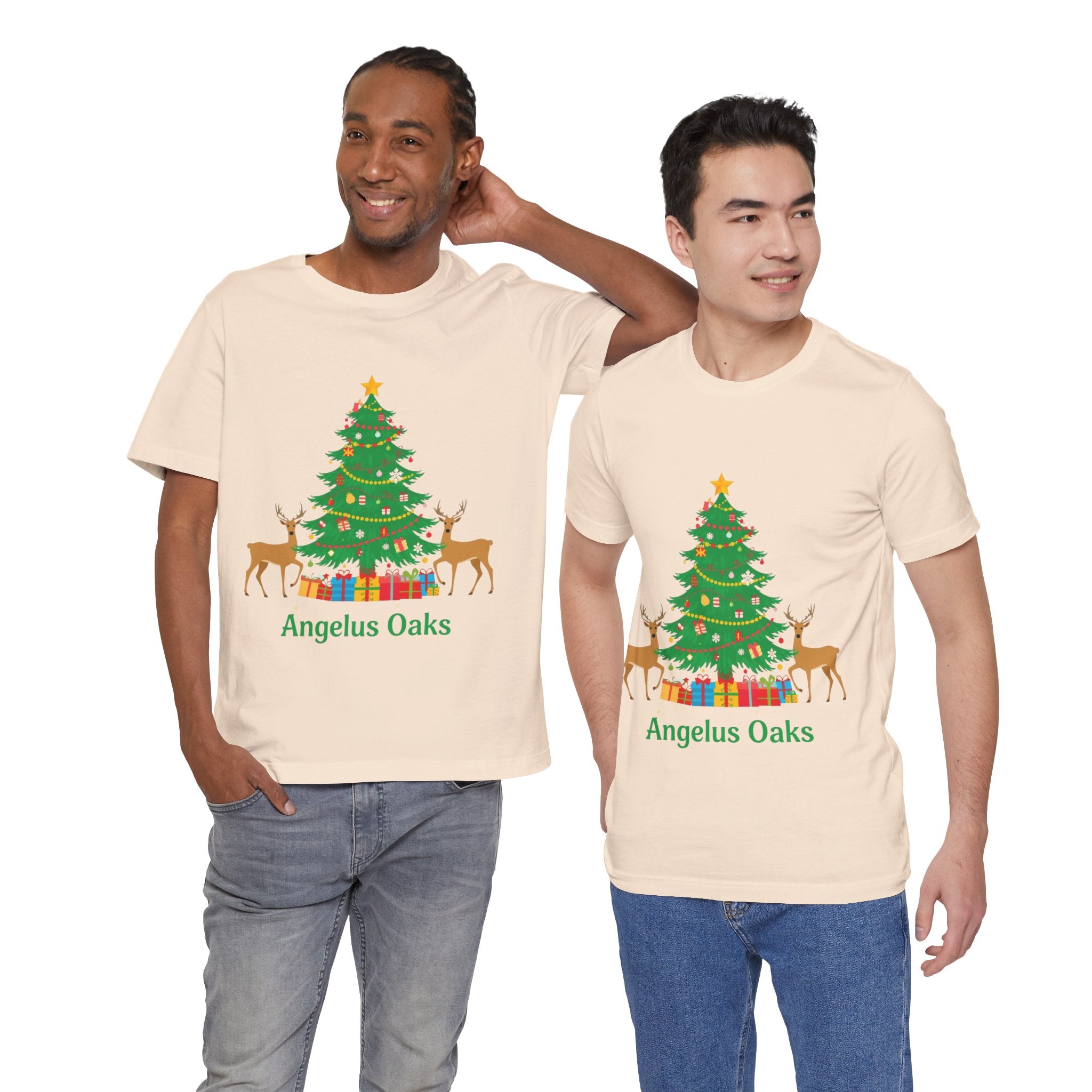 Angelus Oaks Christmas Shirt – Christmas Tree & Deer Holiday Tee | Mountain Town Christmas Shirt | Bella Canvas 3001