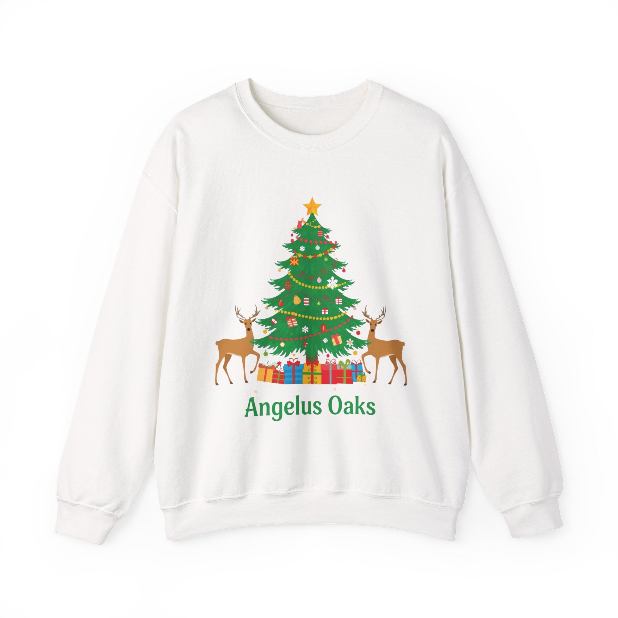 Angelus Oaks Christmas Sweatshirt – Christmas Tree & Deer Holiday Crewneck | Mountain Town Christmas Sweater | Gildan 18000
