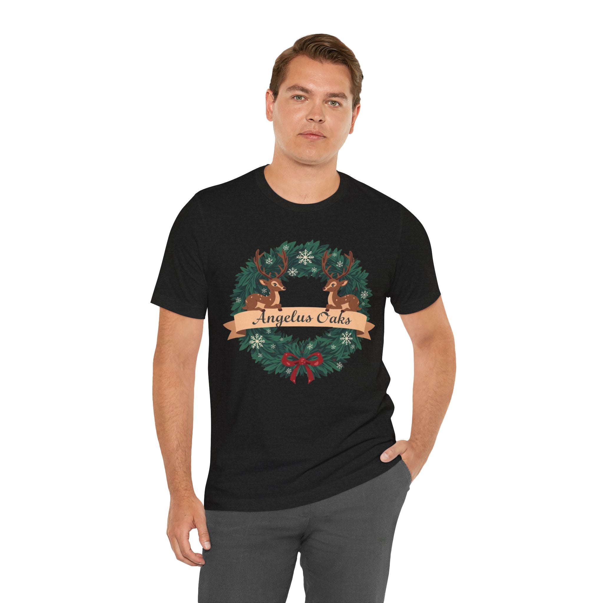Angelus Oaks Christmas Shirt – Deer Wreath Holiday Tee | Mountain Town Christmas Shirt | Bella Canvas 3001