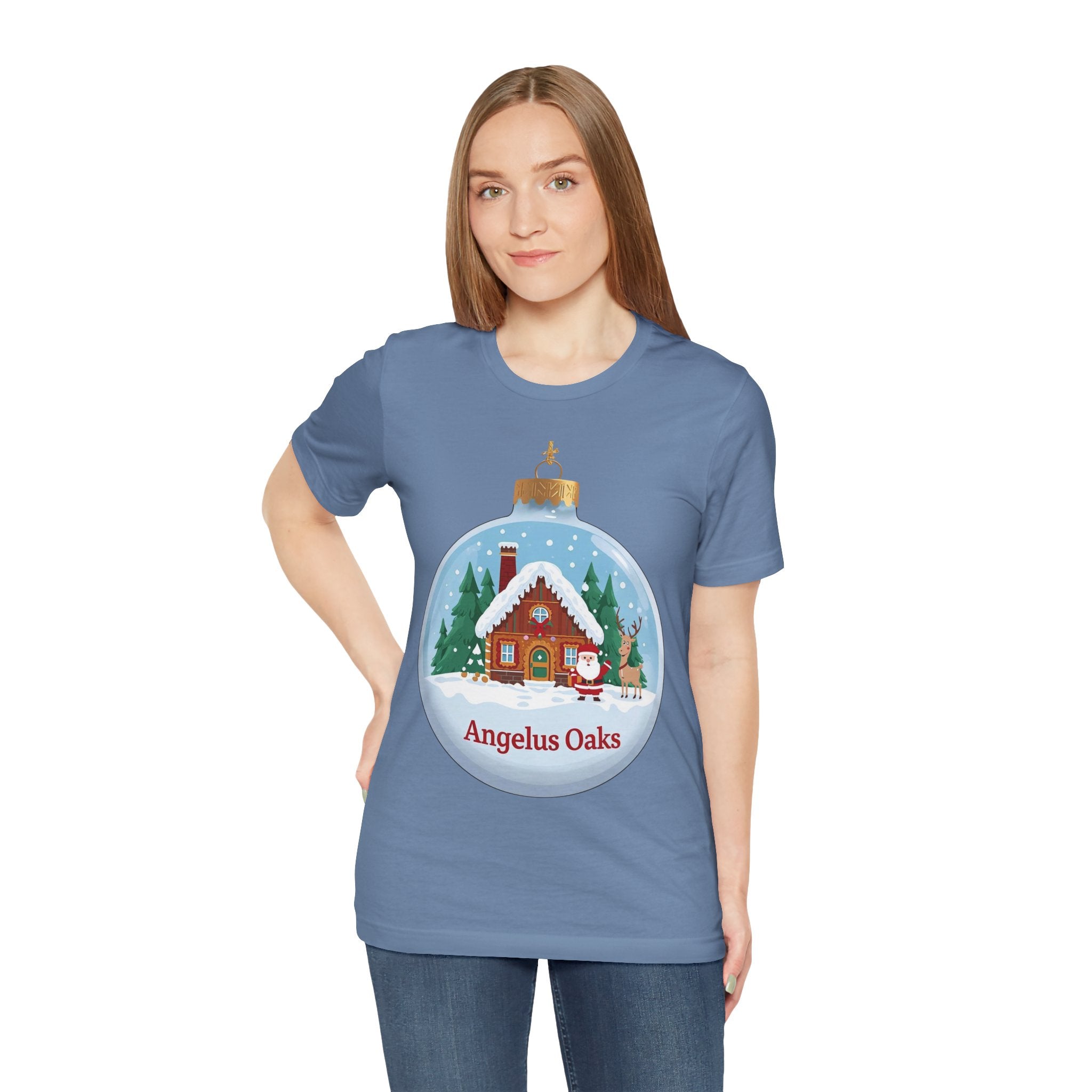Angelus Oaks Christmas Shirt – Santa & Reindeer Cabin Ornament Tee | Mountain Town Holiday Shirt | Bella Canvas 3001