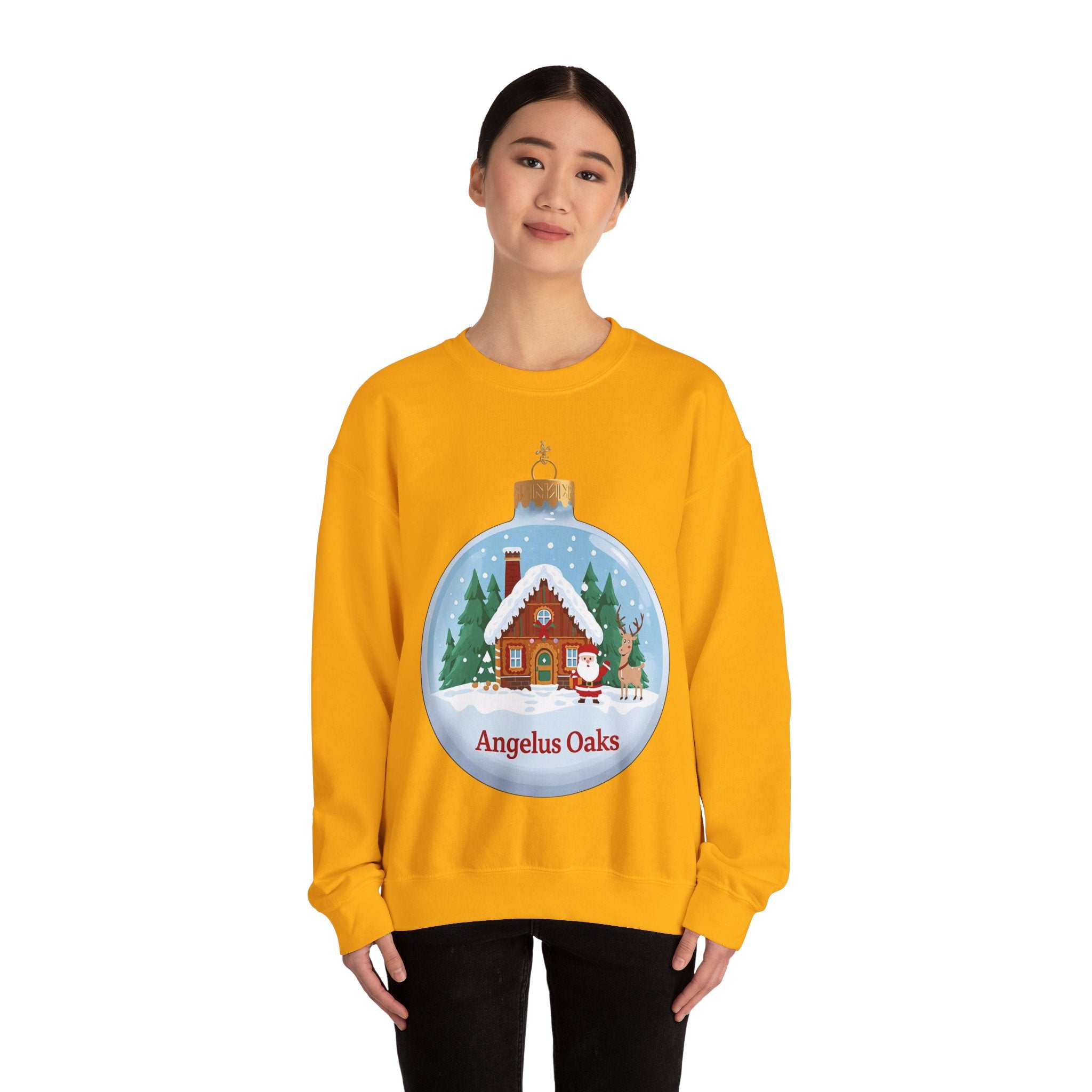 Angelus Oaks Christmas Sweatshirt – Santa & Reindeer Cabin Ornament Crewneck | Mountain Town Holiday Sweater | Gildan 18000