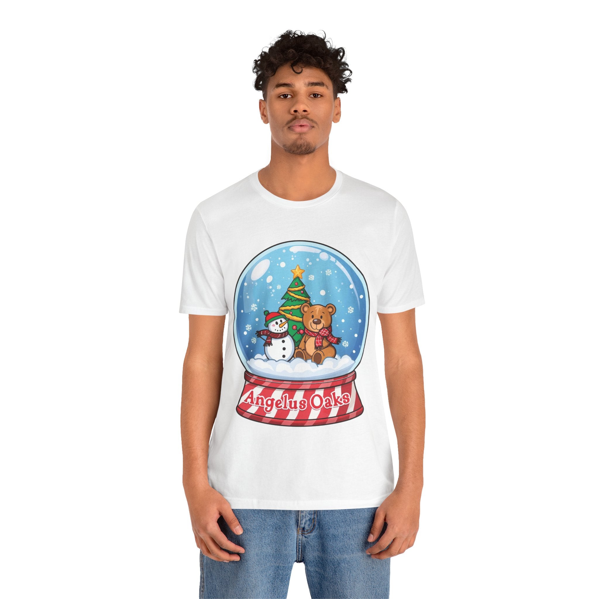 Angelus Oaks Christmas Shirt – Snow Globe Bear & Snowman Holiday Tee | Cute Mountain Town Christmas Shirt | Bella Canvas 3001