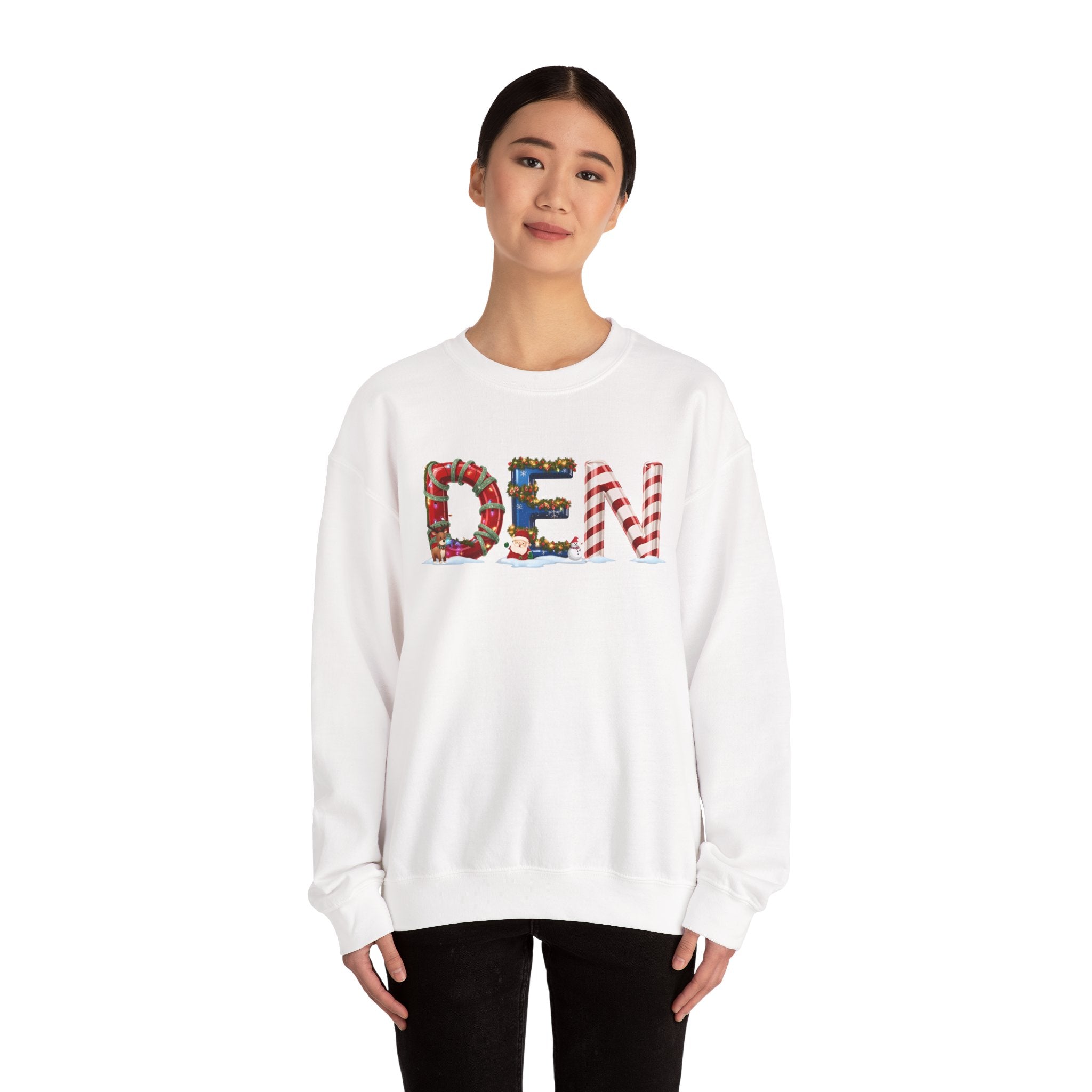 DEN Christmas Sweatshirt – Festive Holiday Letter Art Tee | Christmas Gift | Gildan 18000