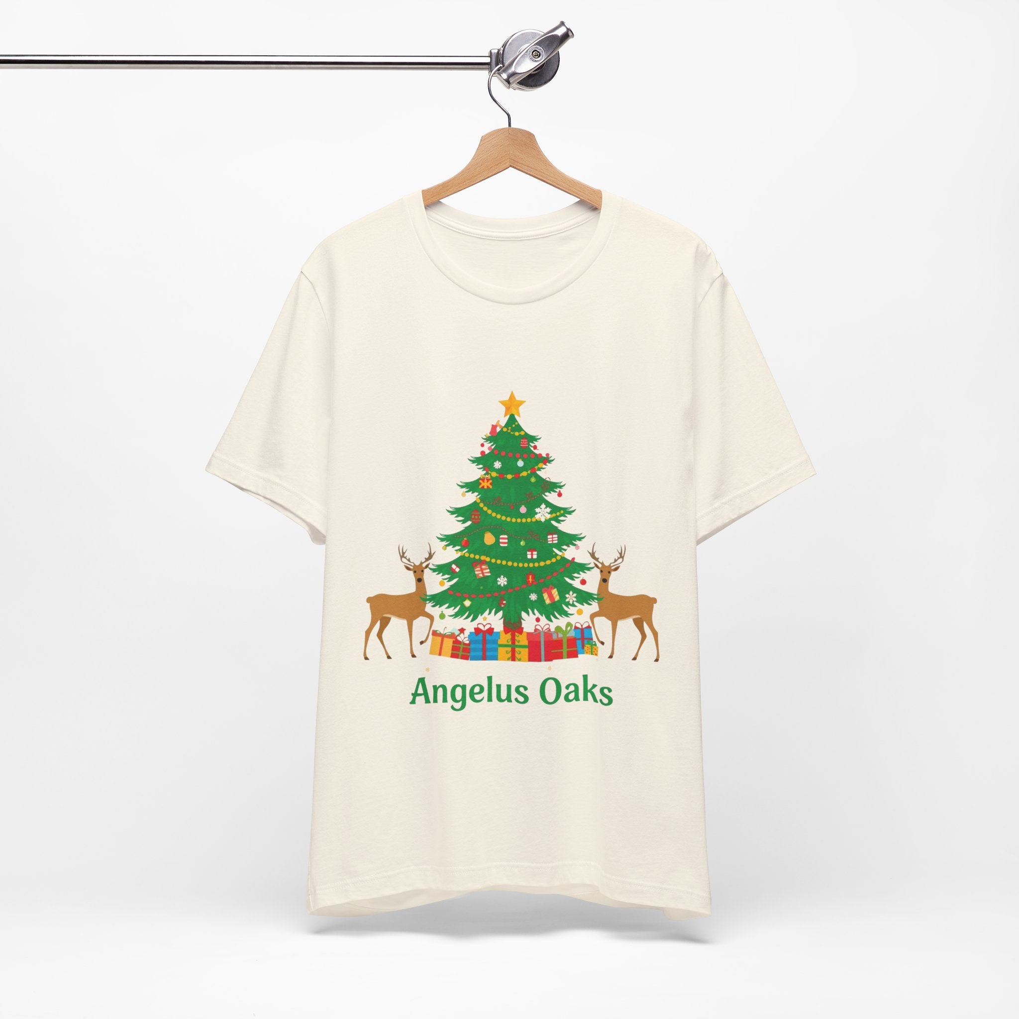 Angelus Oaks Christmas Shirt – Christmas Tree & Deer Holiday Tee | Mountain Town Christmas Shirt | Bella Canvas 3001